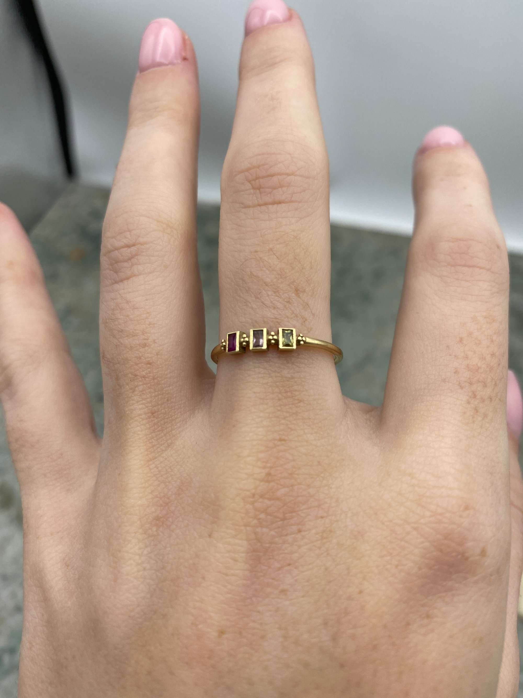14k Gold Emerald Cut Ruby + Sapphire Duo Stackable Ring Band 6
