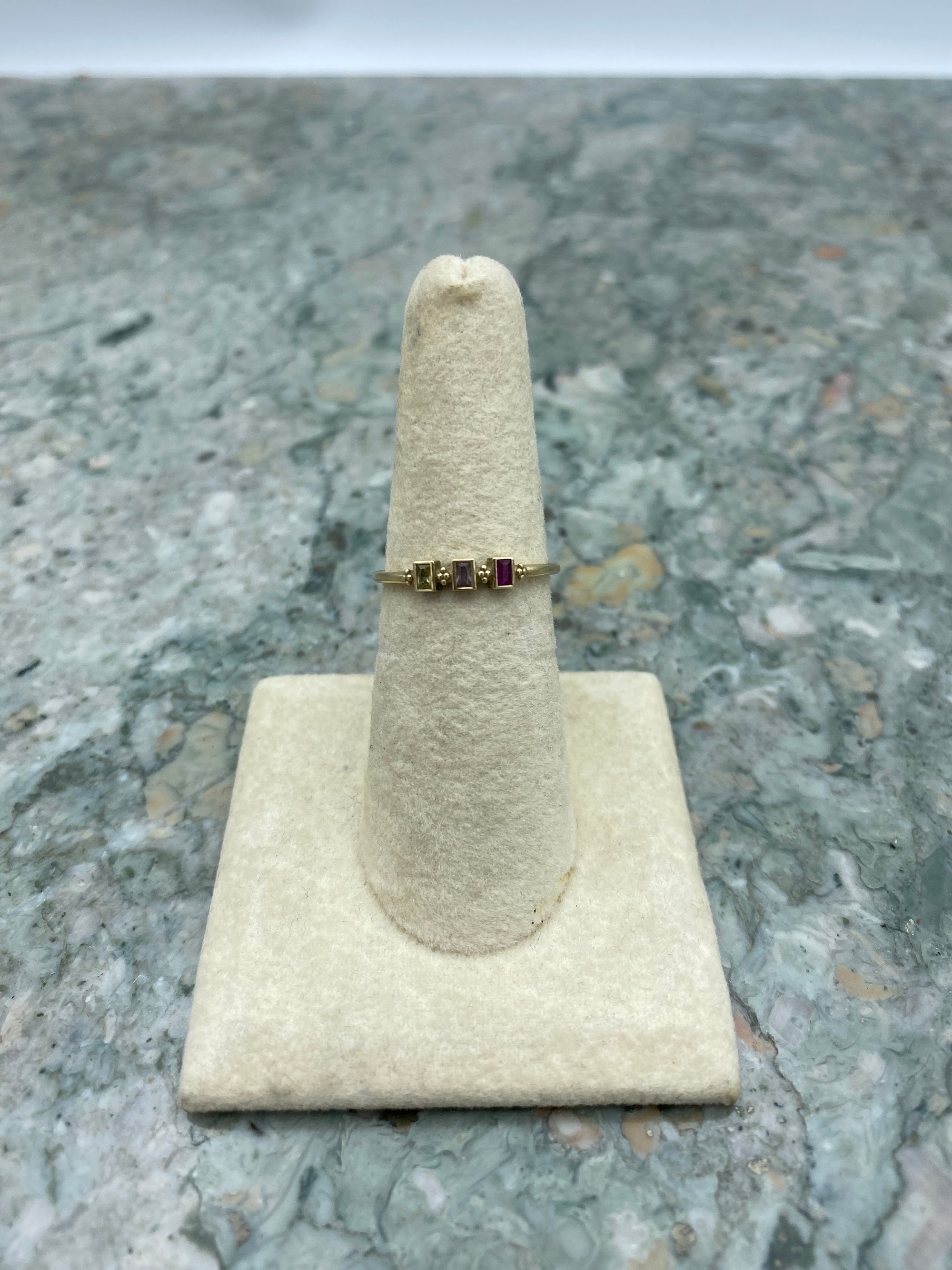 14k Gold Emerald Cut Ruby + Sapphire Duo Stackable Ring Band 4