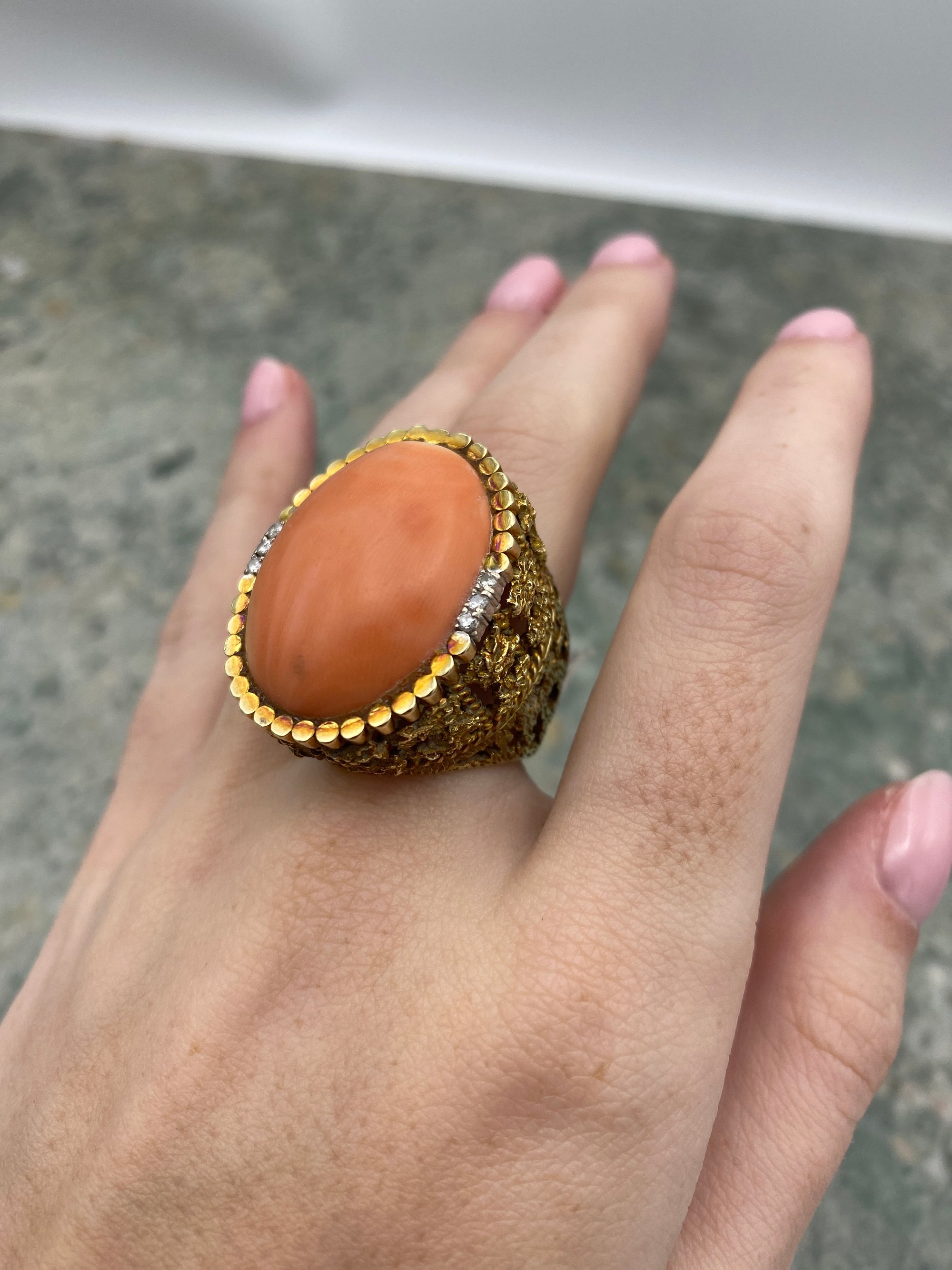 Near Antique c.1930s 14k Gold Nugget + Angel Skin Coral Regale Ring w Diamond Accents 17