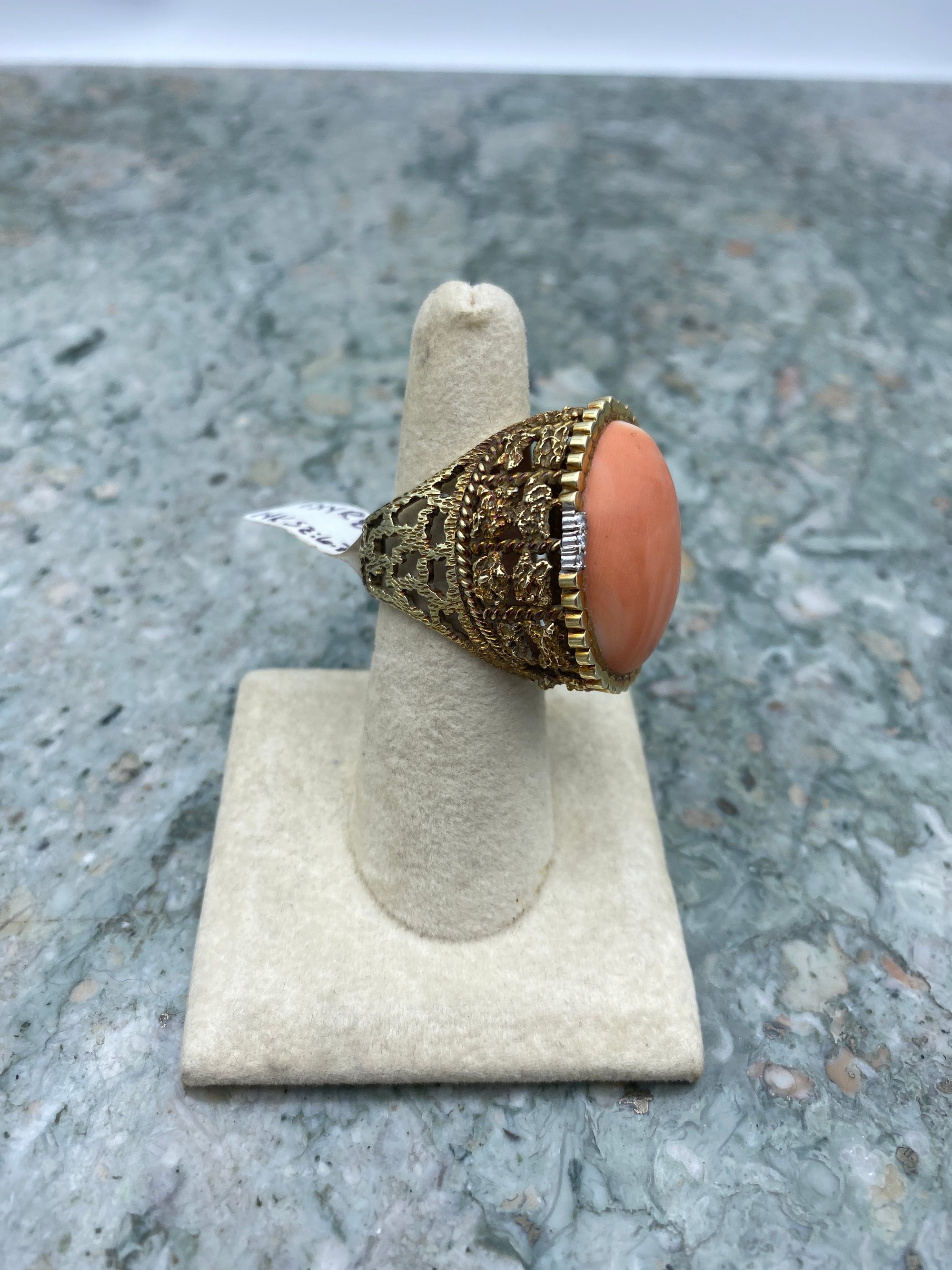Near Antique c.1930s 14k Gold Nugget + Angel Skin Coral Regale Ring w Diamond Accents 16