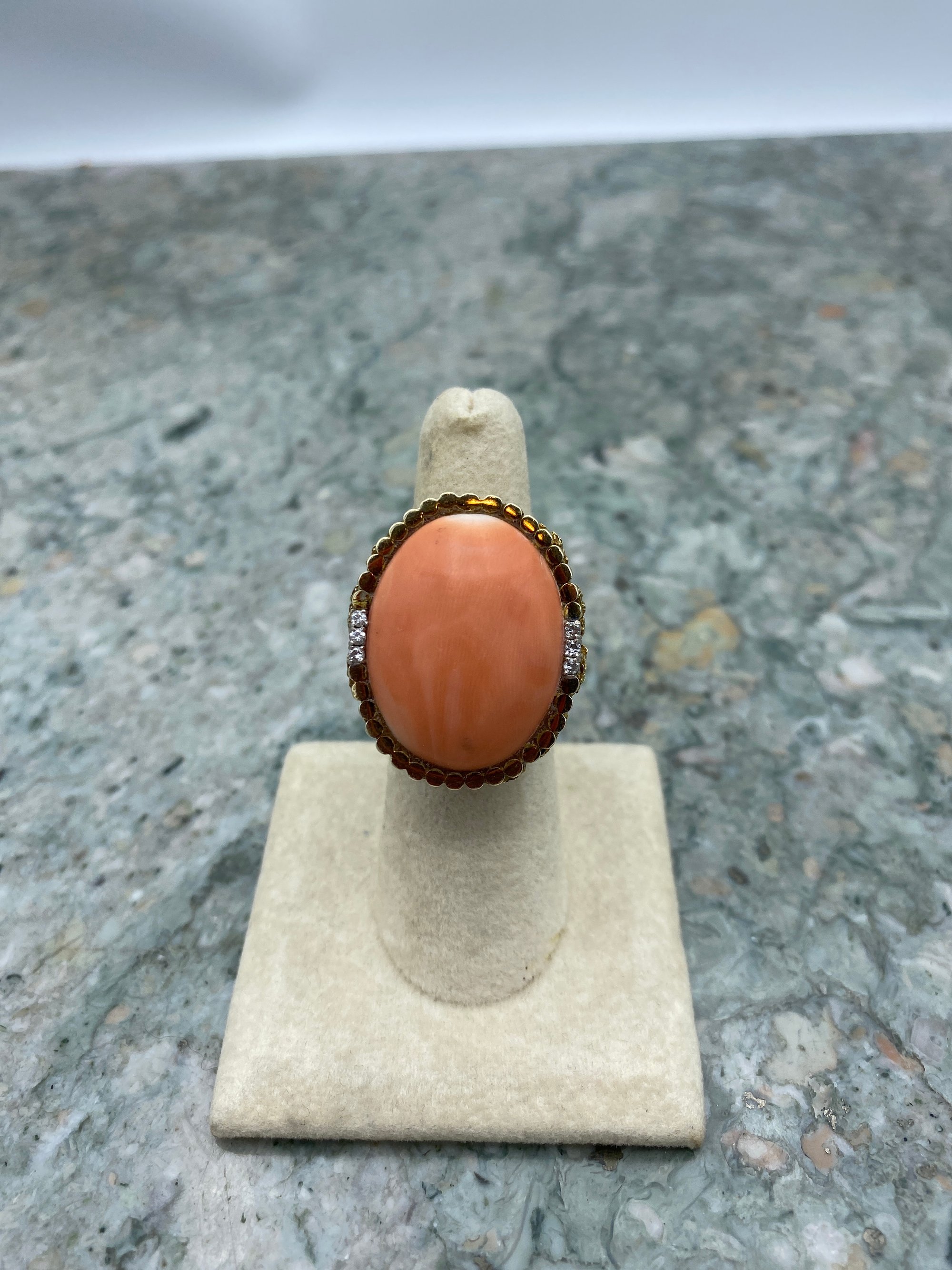 Near Antique c.1930s 14k Gold Nugget + Angel Skin Coral Regale Ring w Diamond Accents 15