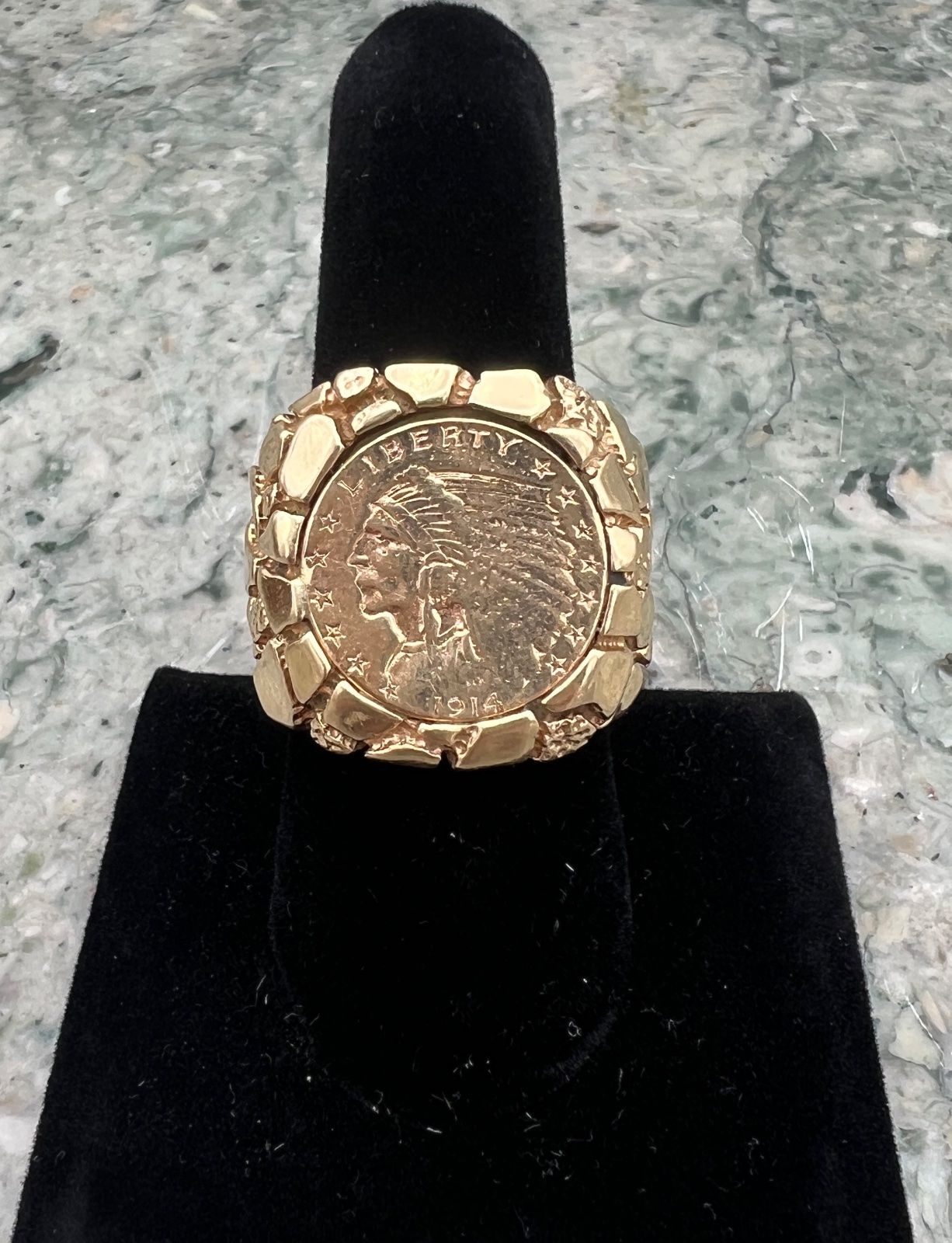 Men's 14k Gold Nugget + c.1914 Gold $5 US Indian Head Coin Ring. Sz 9.5 2