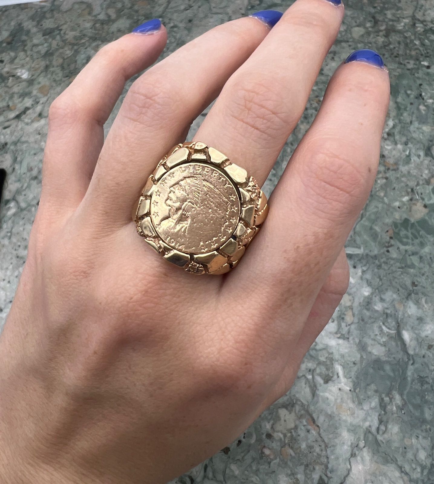 Men's 14k Gold Nugget + c.1914 Gold $5 US Indian Head Coin Ring. Sz 9.5 3