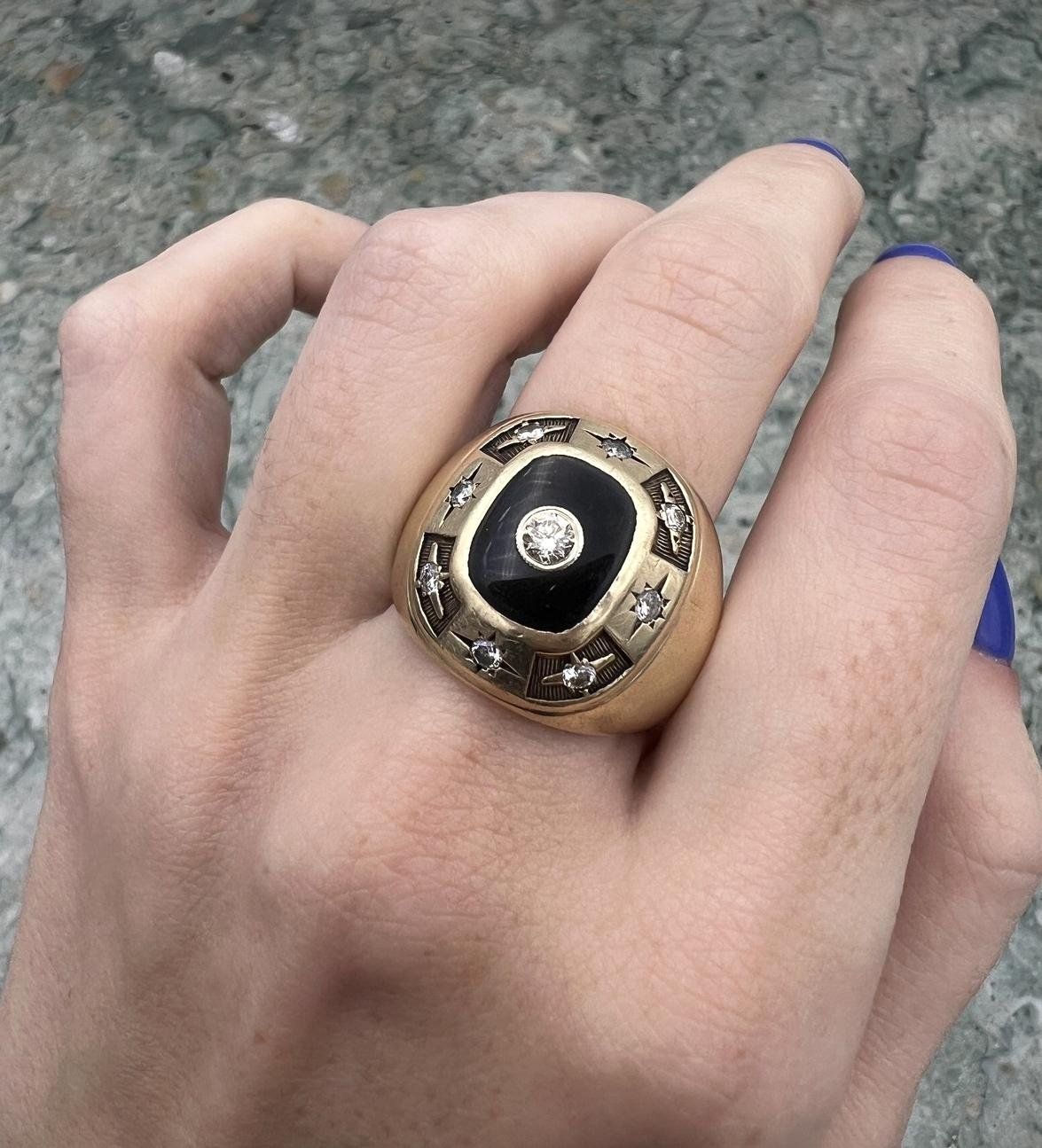 Men's Antique c.1920s 14k Gold Onyx Art Deco Diamond Accented Signet Ring #2980 3