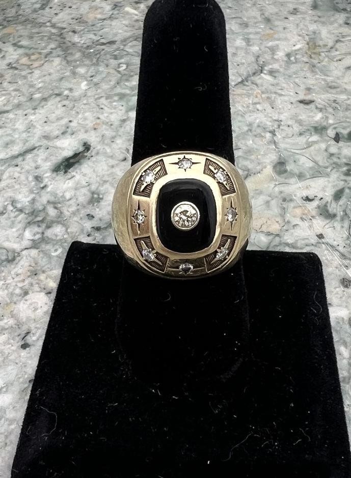 Men's Antique c.1920s 14k Gold Onyx Art Deco Diamond Accented Signet Ring #2980 2