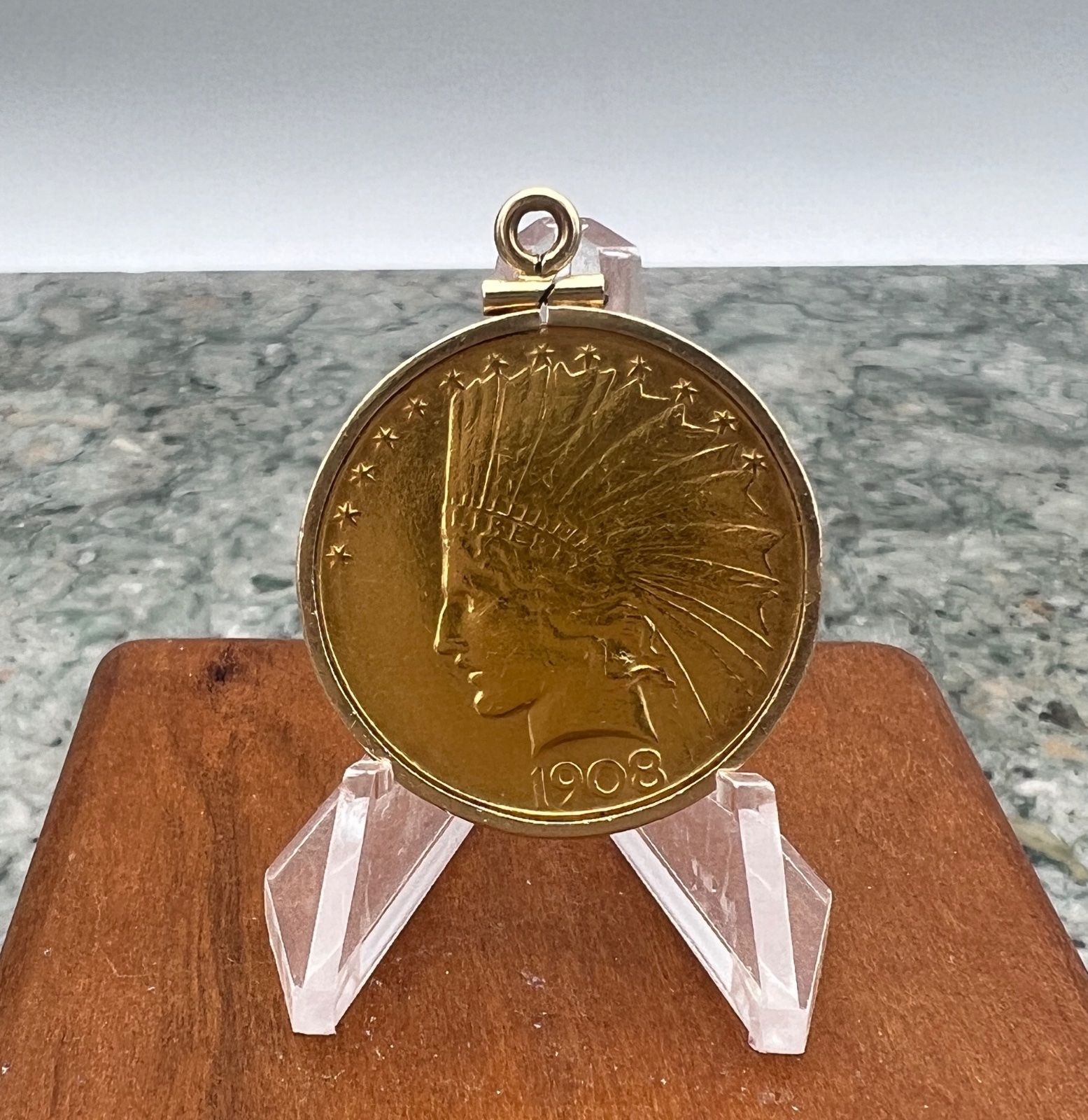 1908 $10 Indian Head Gold Eagle Coin in 14K Pendant Bezel