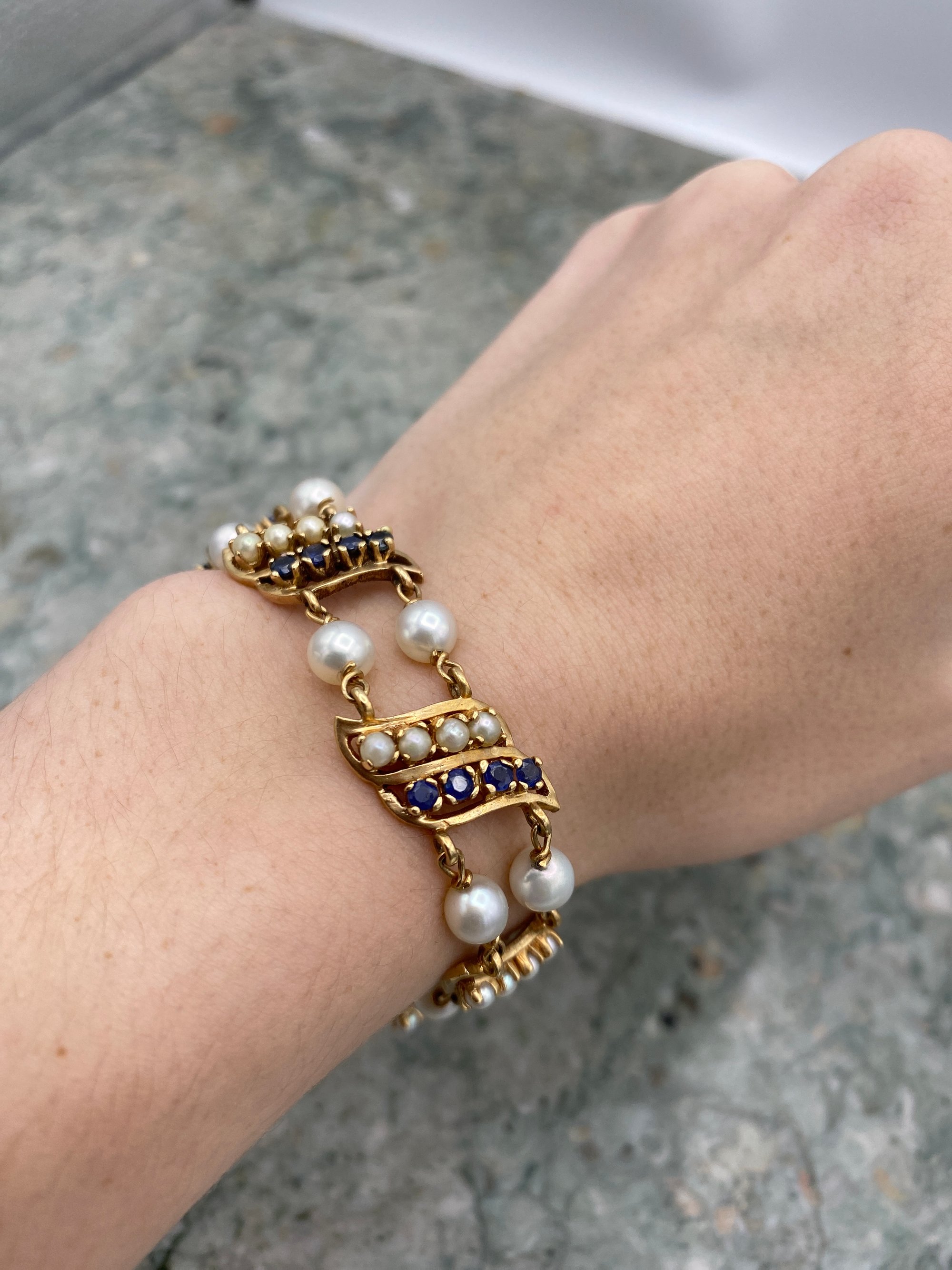 Fine Estate 14k Bracelet with Pearls and Small Blue Sapphires 2