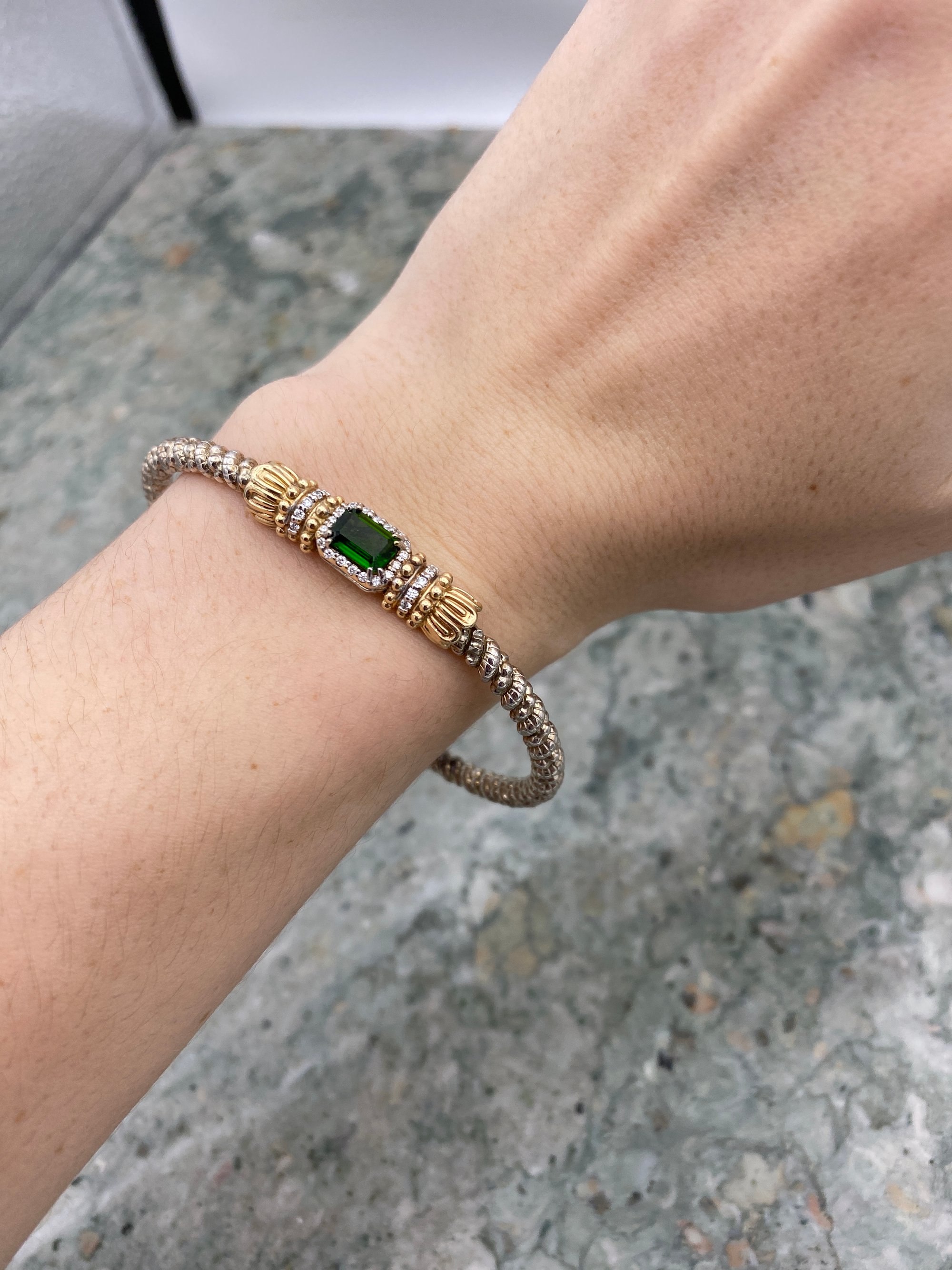 .925 / 14K White Gold Woven Link Bracelet with Gree Gemstone (weigh again. Is it 14k or 14k and sterling) 2