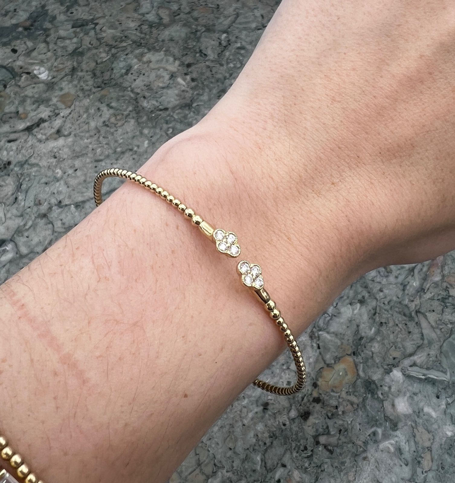 14K Gold Beaded Bangle Bracelet with Diamond Clover Motif 3