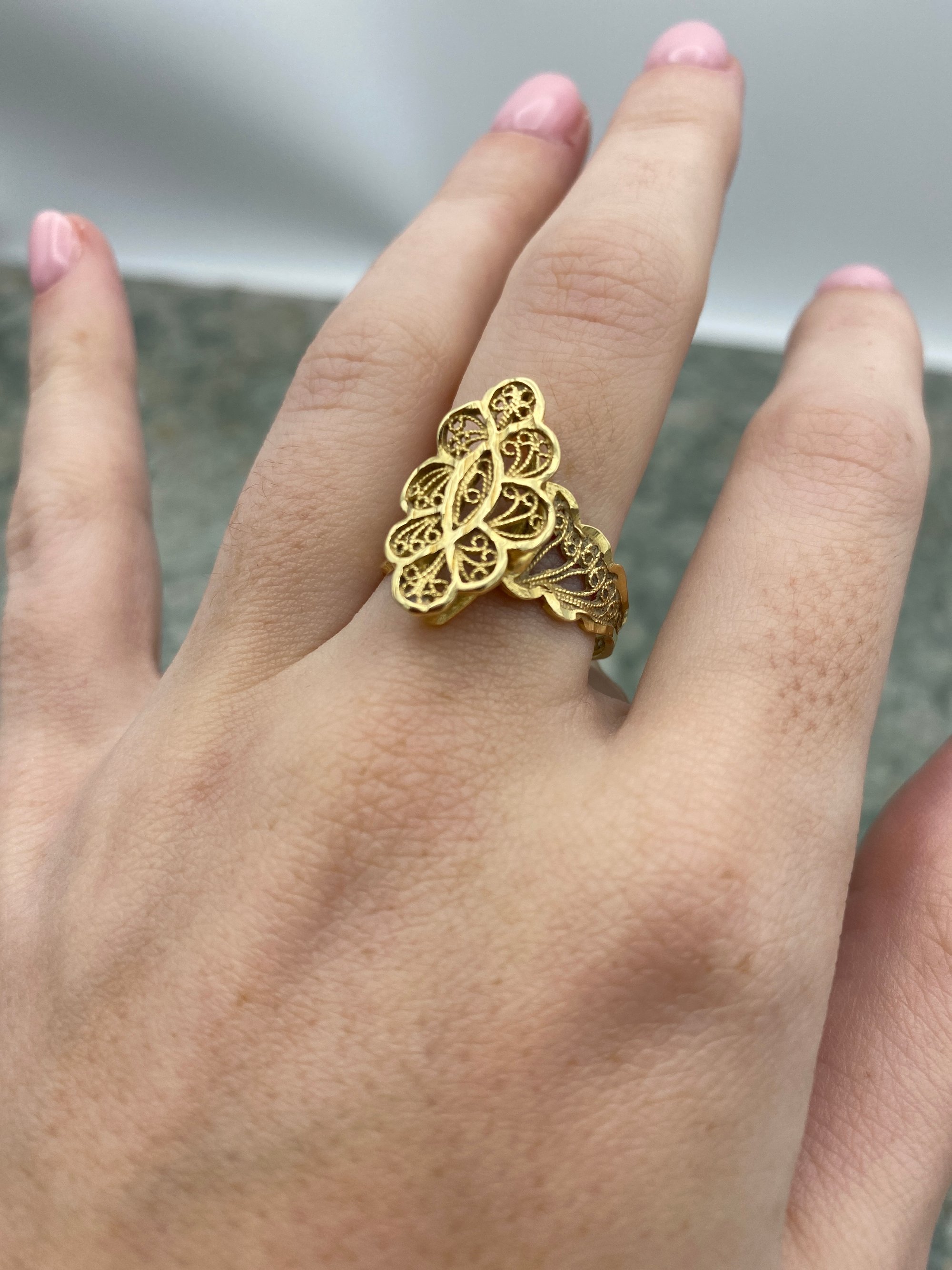 14K Gold Filigree Ring Vintage Ornate Floral Design 3