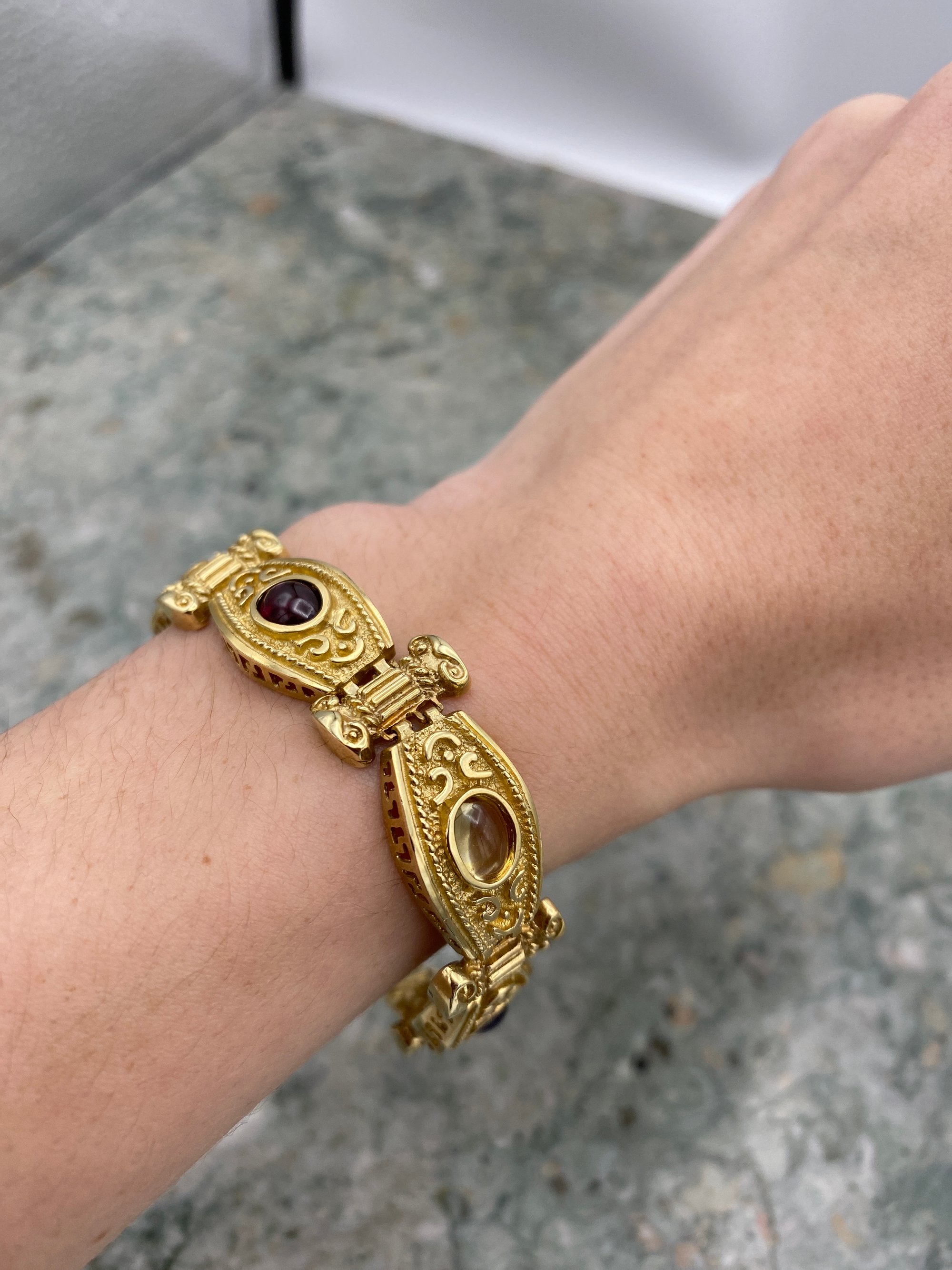 7 14k Gold Bracelet with Ornate Engraved Panel Links, with Oval Cabochon Gemstones in Blue, Green, Red, and Other Colors 2