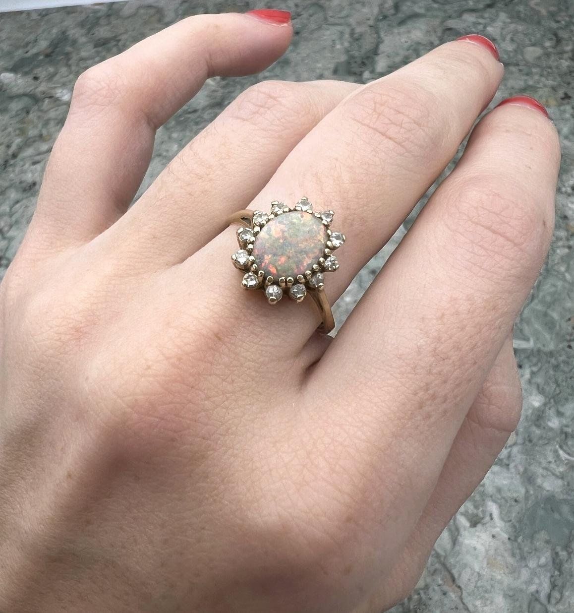 14k Gold Natural Opal Cluster Ring with Opal displaying Multicolor Fire 3