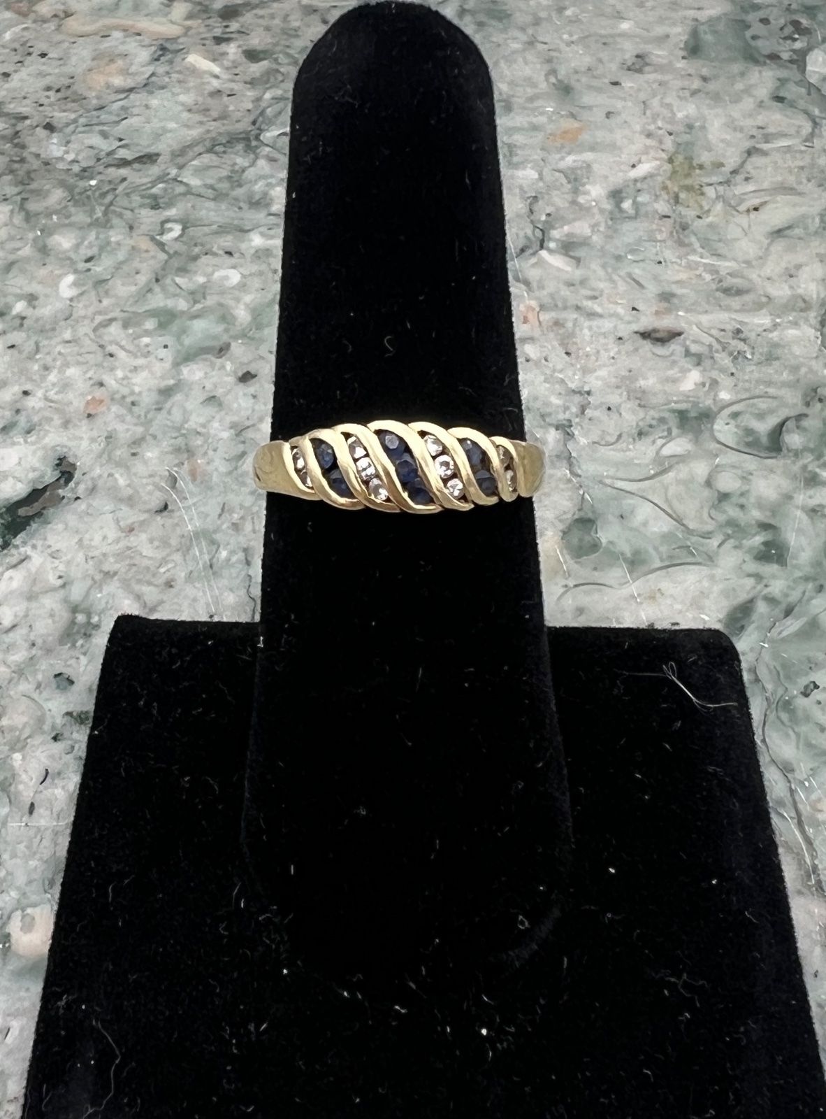 Lady's 14k Ring with Twisted Gold Ribbon across Top with Blue Sapphires and Dimonds 2
