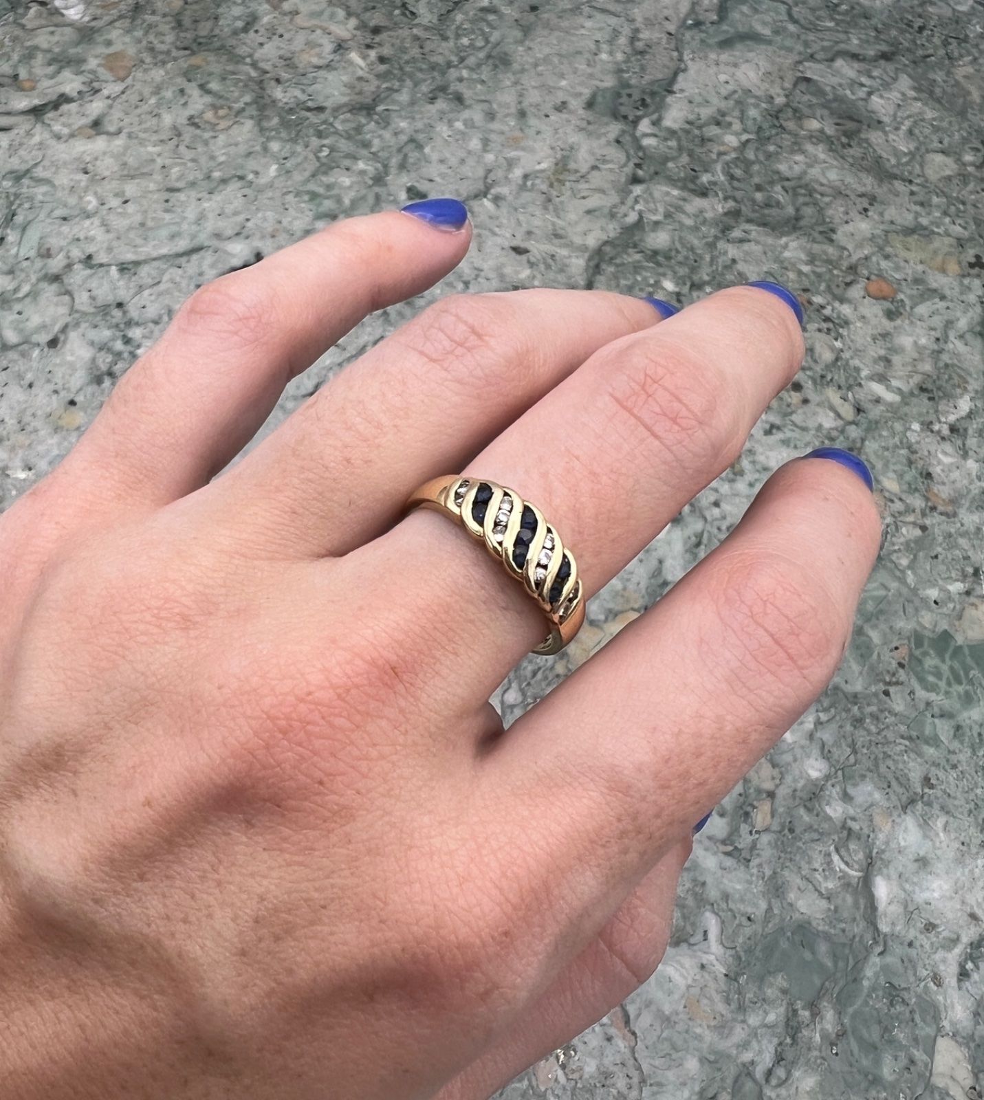 Lady's 14k Ring with Twisted Gold Ribbon across Top with Blue Sapphires and Dimonds 3
