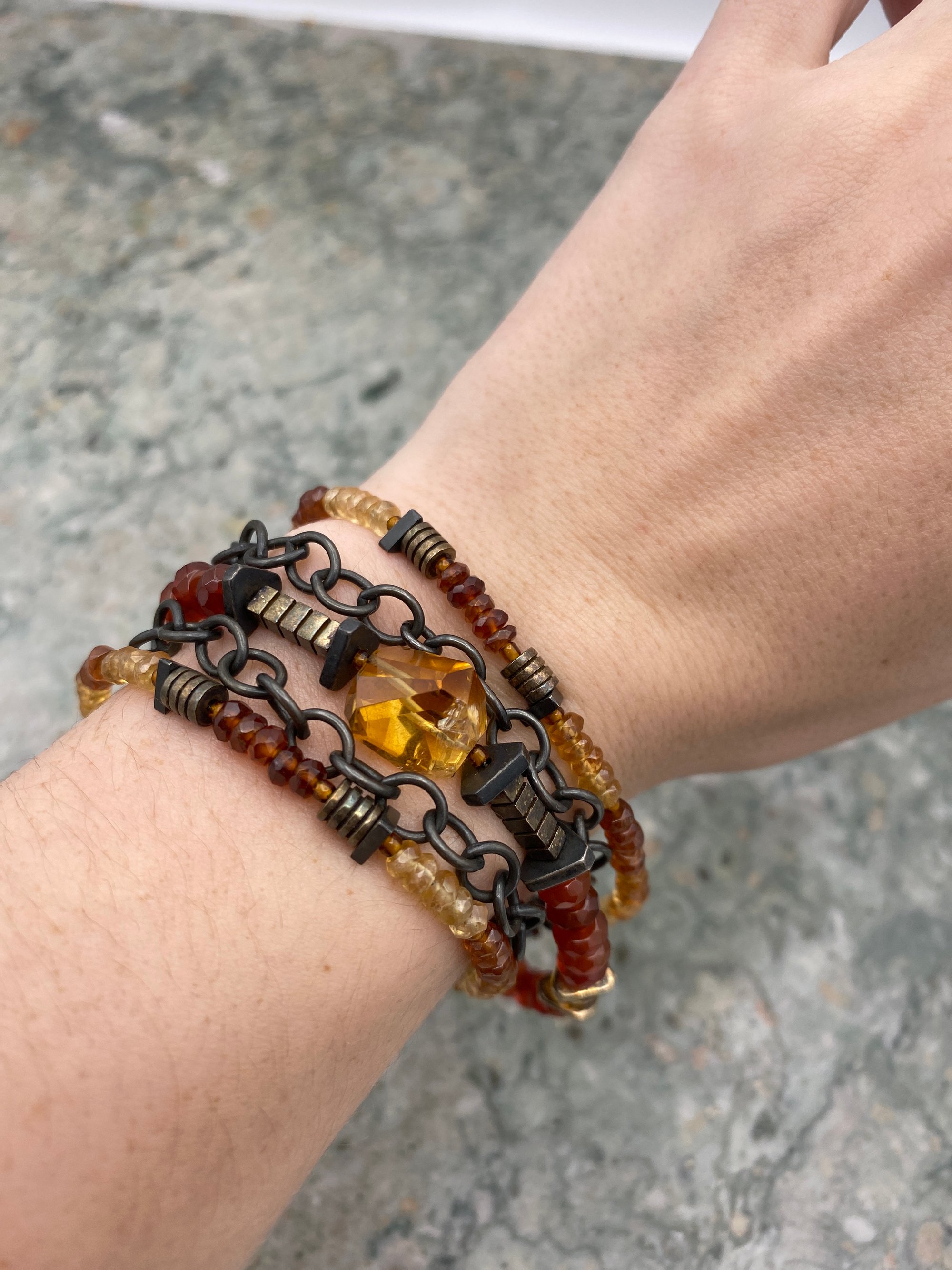 Limited Edition Oxidized Sterling Silver 5 Strand Bracelet with Hessonite Garnet, Golden Citrine, Camelian &Golden Vermeil 2