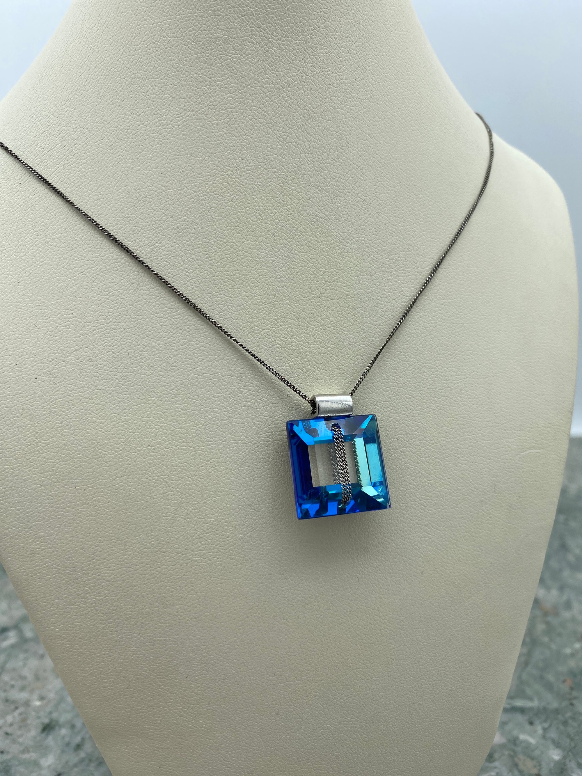 Sterling Silver Necklace with Recantangle Faceted Blue Topaz Pendant 2