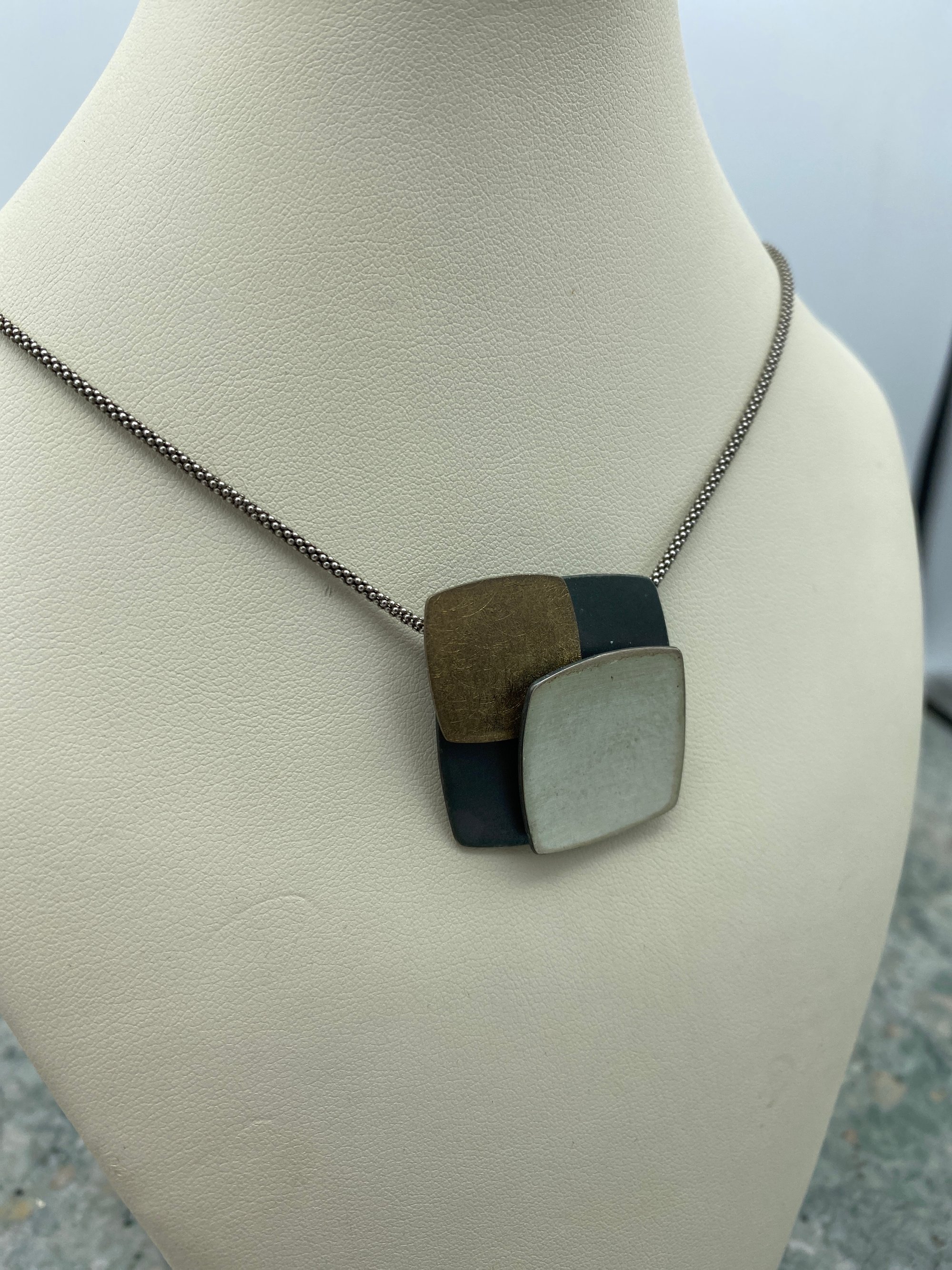 Tri-Color Sterling Silver Geometric Square Pendant 2
