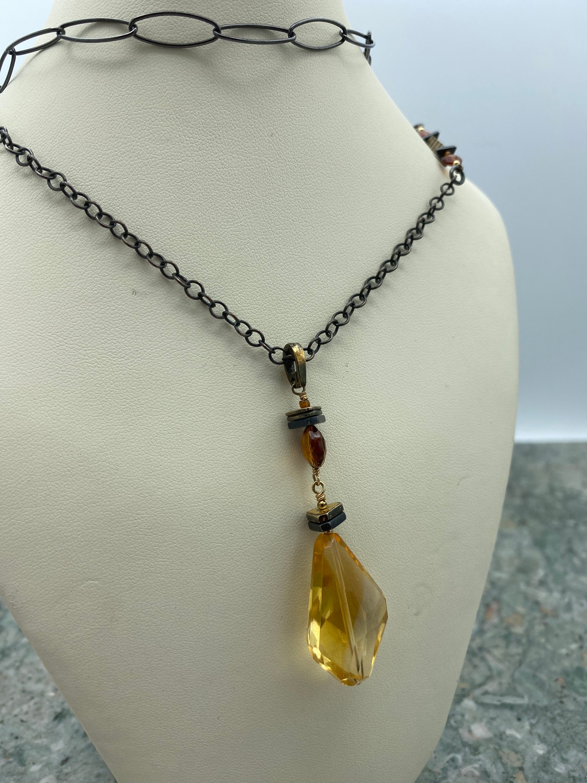 Limited Edition Oxidized Sterling Silver Necklace with Golden Citine, Mandarin Garnet wih Gold Vemail Adjustible 35 Long with Detachable Pendant 2