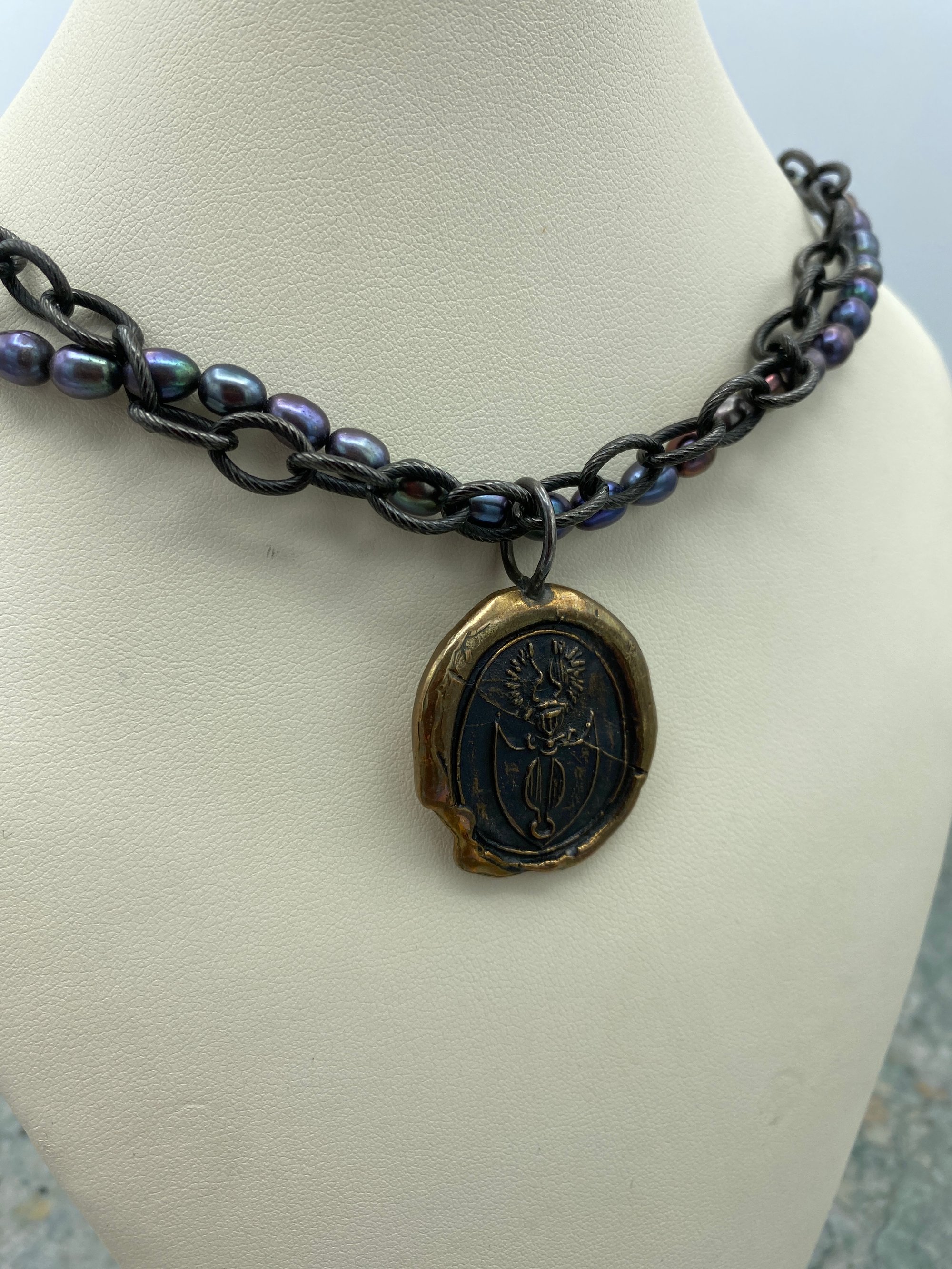 Silver and Bronze Freedom Pendant with Fresh Water Black Pearls 2