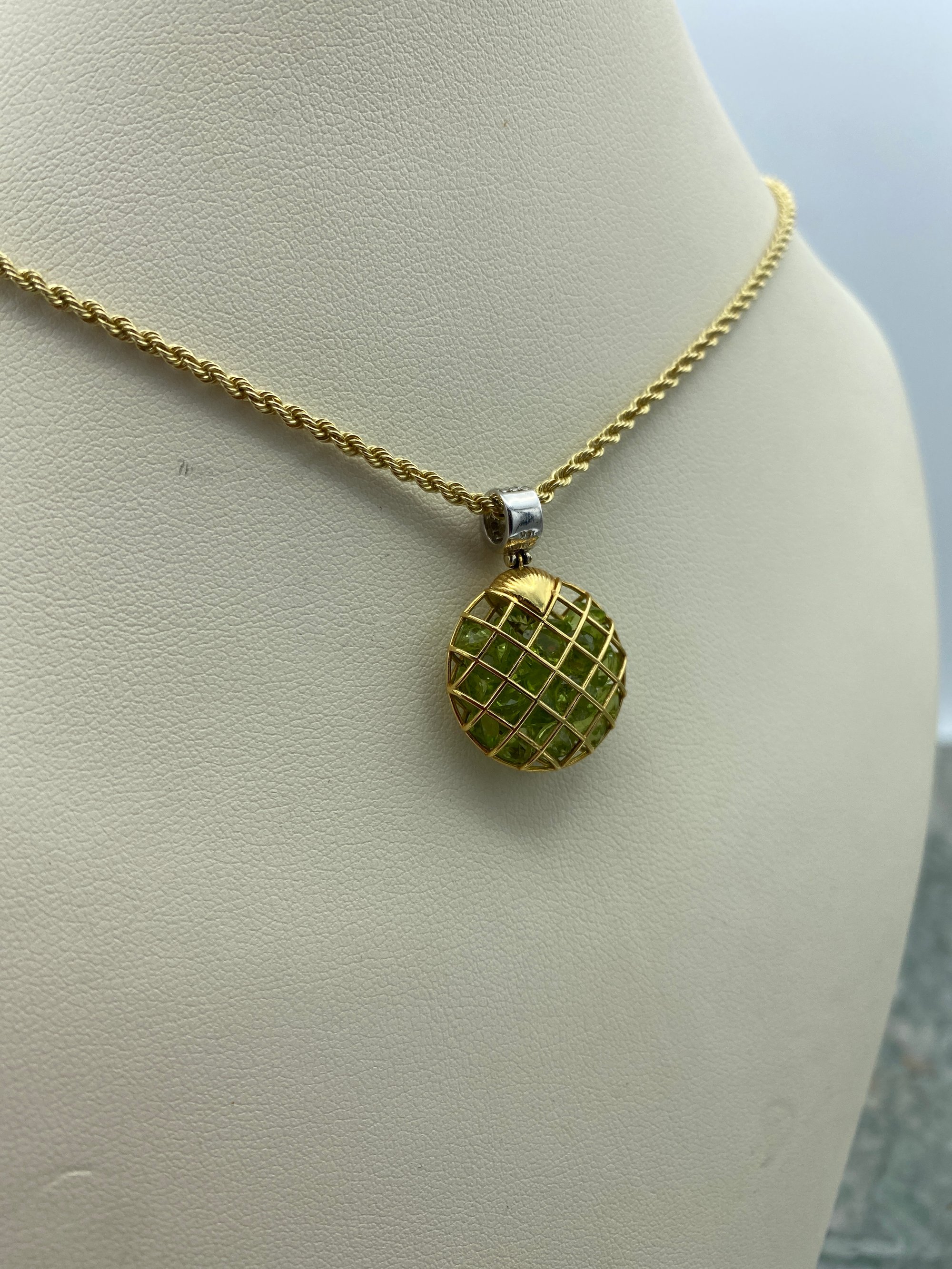 18k Gold Chain and Cluster Pendant with Green Faceted Stones set in Pendant 2