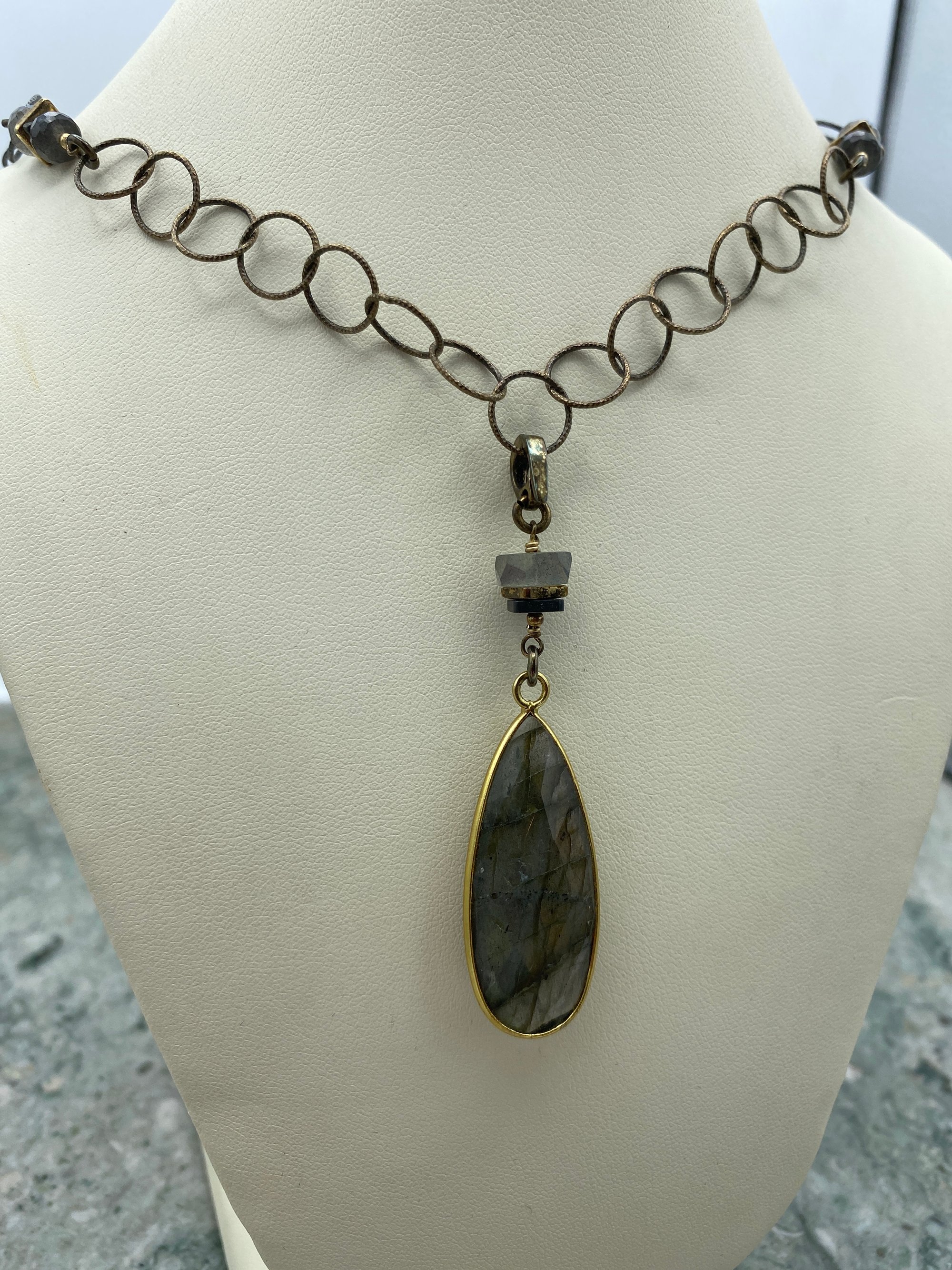Black & Yellow Sterling Silver & 22k Gold Vermeil Neaklace with Various Shaped Labradorites 2