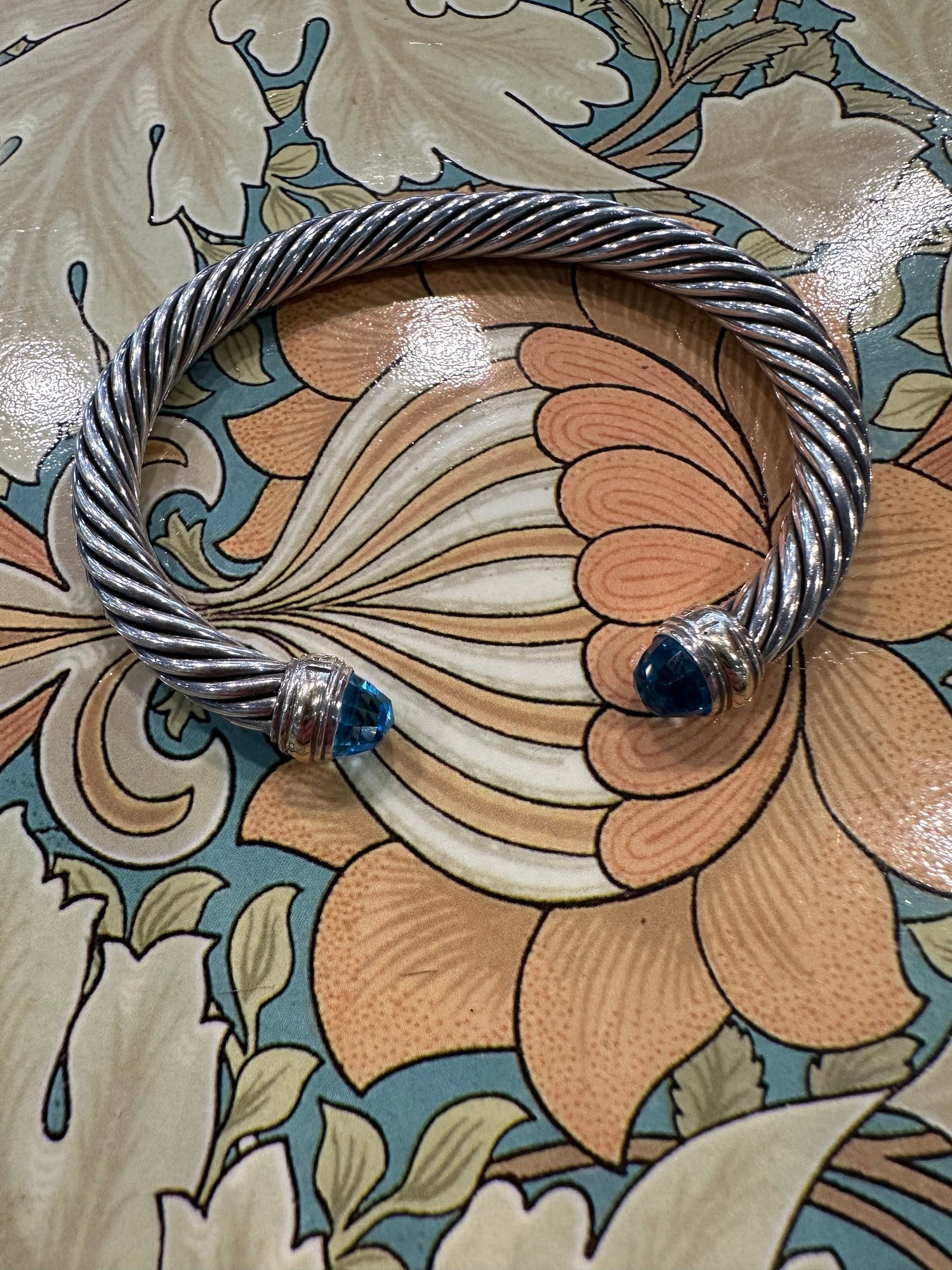 David Yurman Sterling Silver and 14k Gold Cable Cuff Bracelet Blue Topaz 3