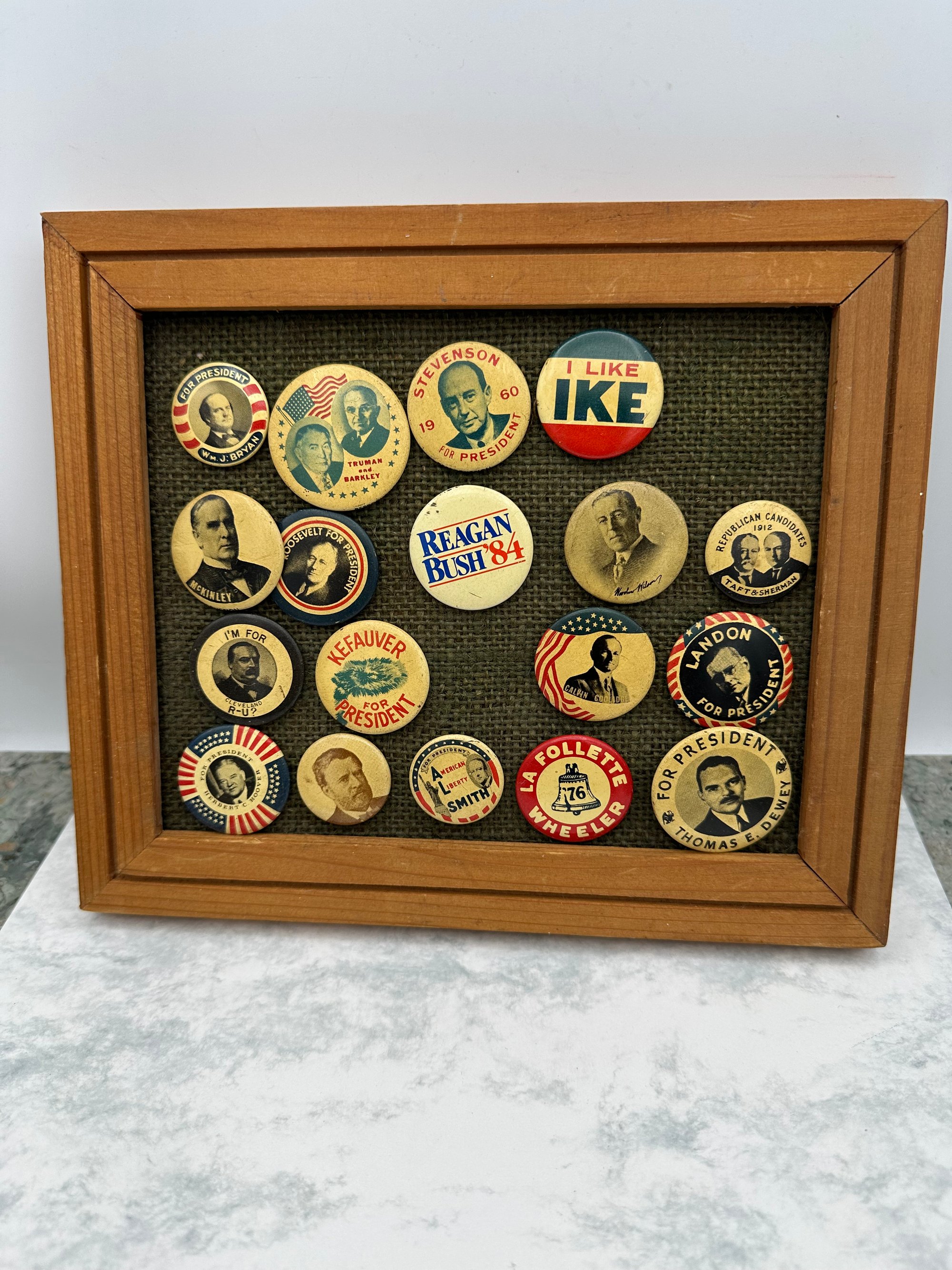 Vintage Presidential Campaign Button Collection in Wood Frame