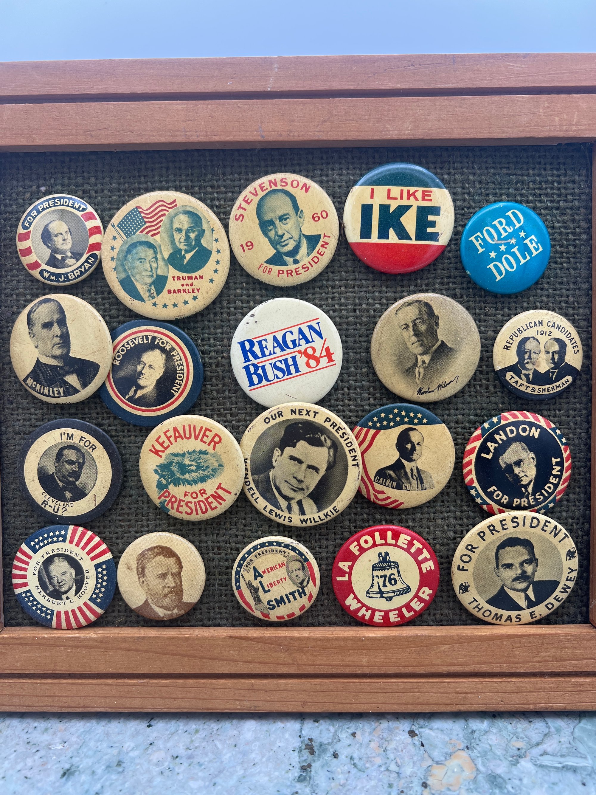 Vintage Presidential Campaign Button Collection in Wood Frame 4