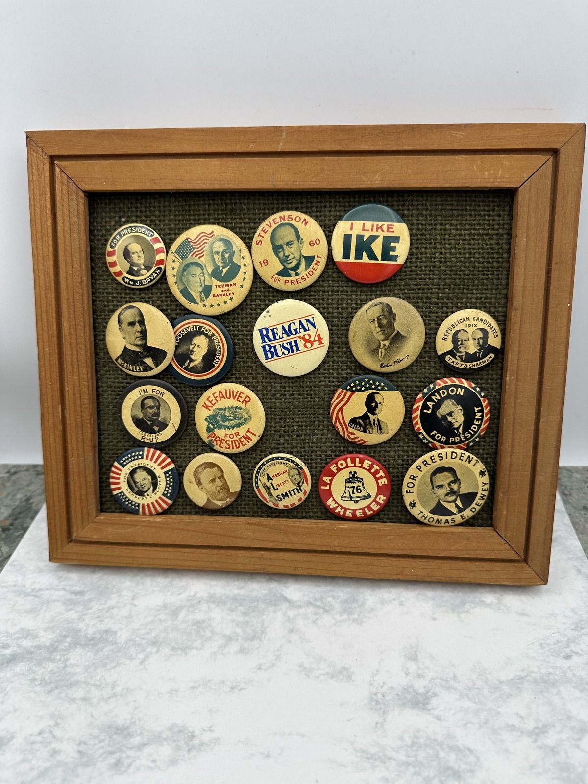 Vintage Presidential Campaign Button Collection in Wood Frame 2