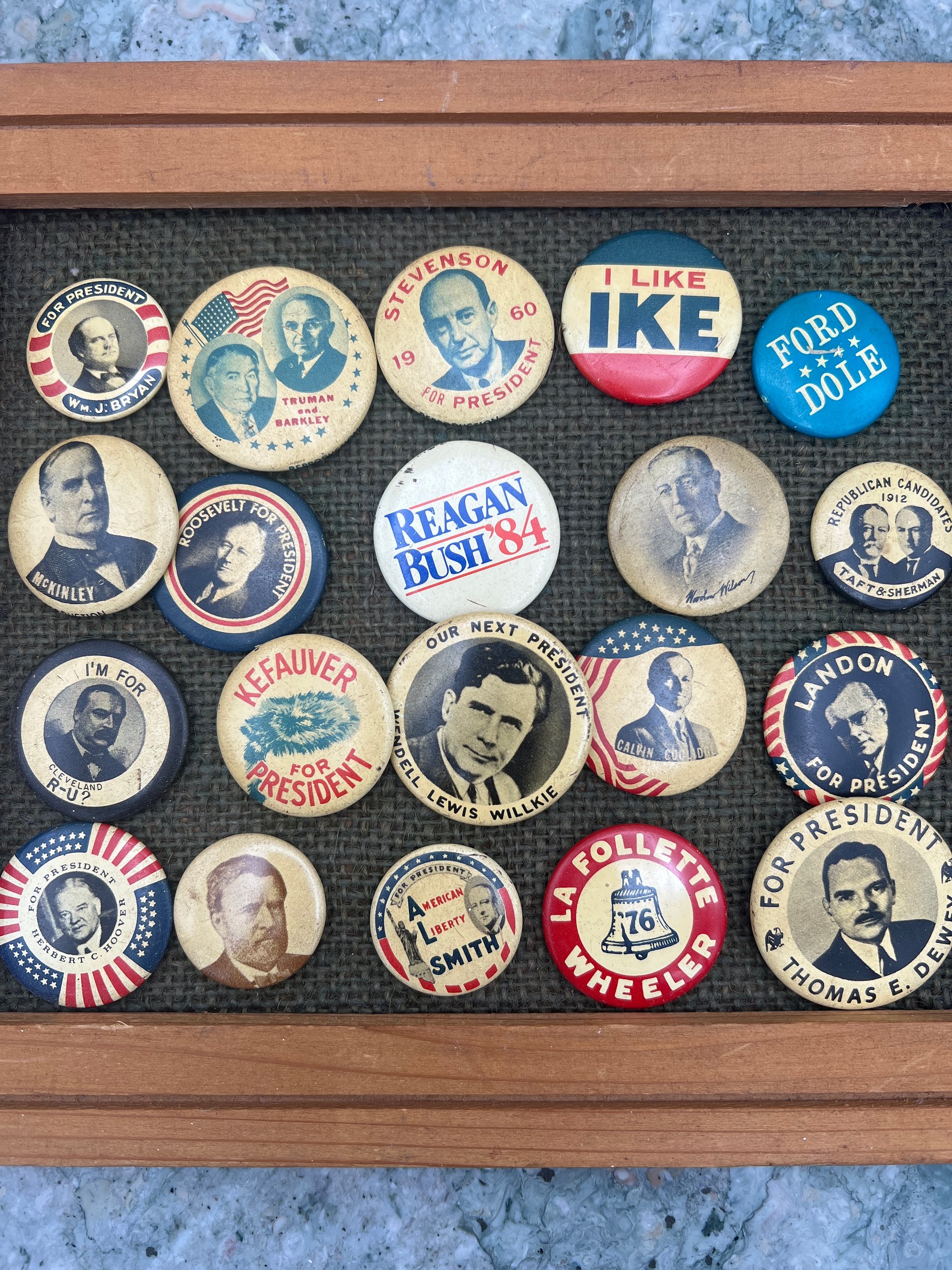 Vintage Presidential Campaign Button Collection in Wood Frame 3