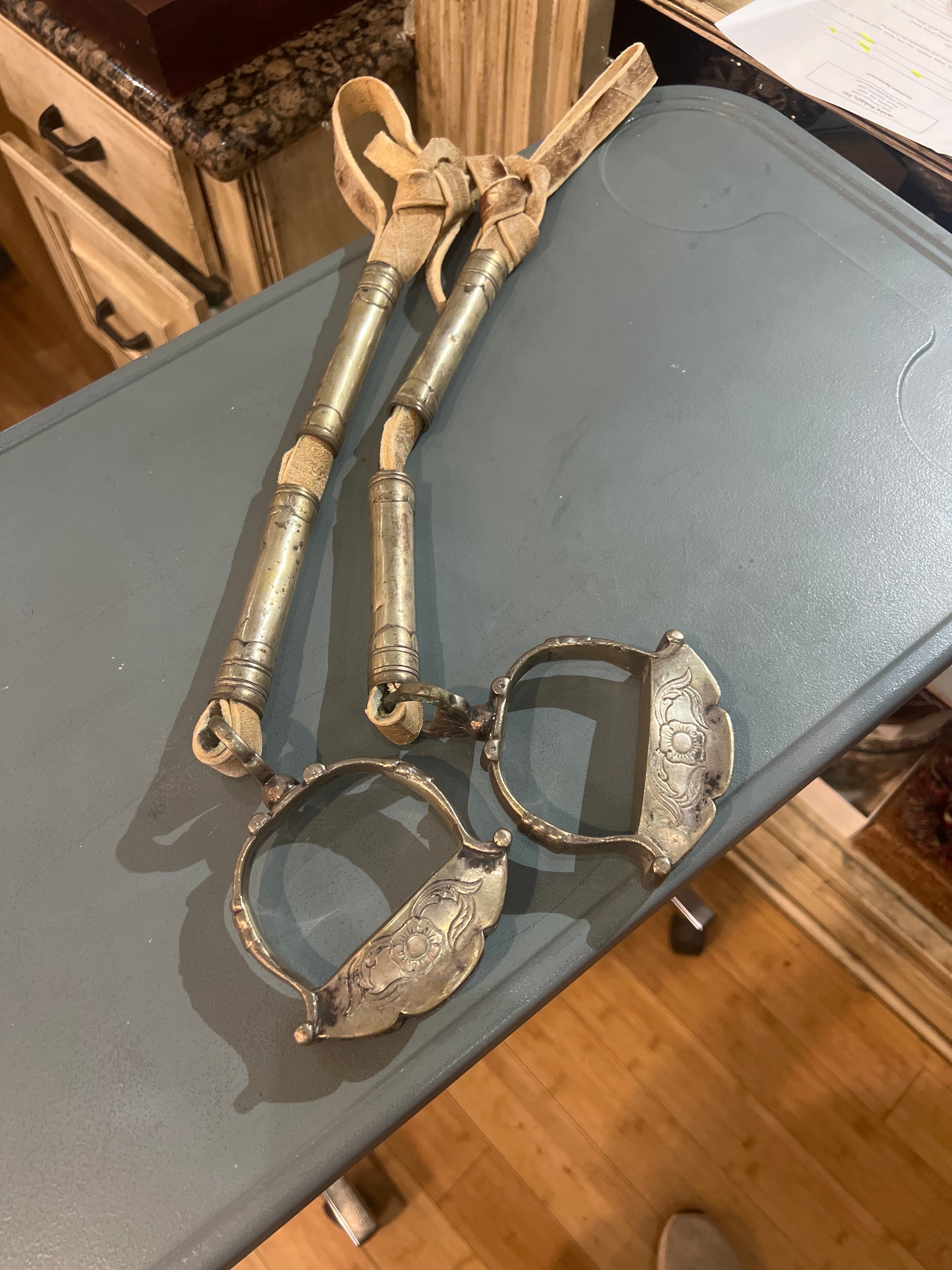 Vintage Silver-Tone Metal Stirrups with Leather Straps