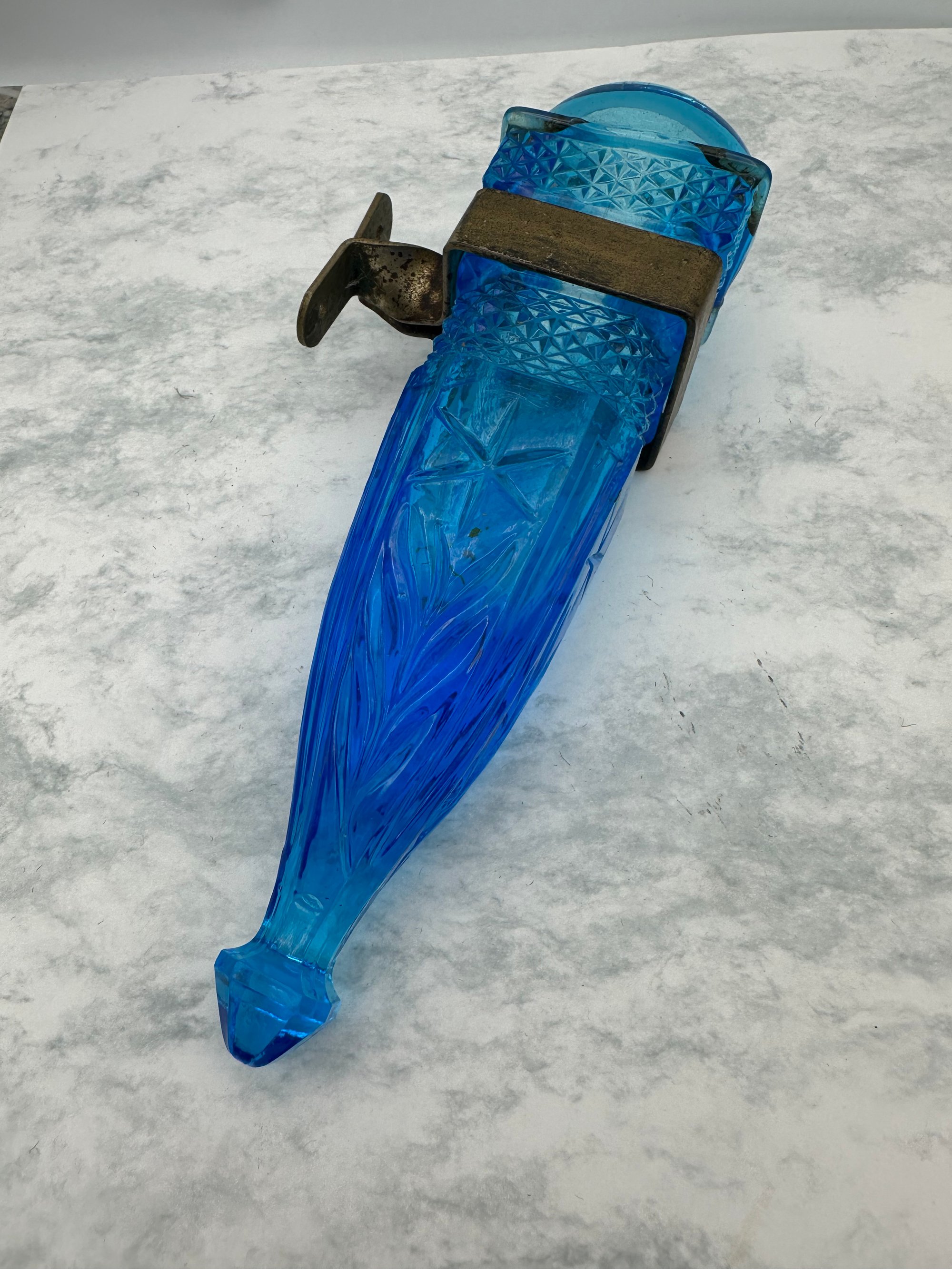 Antique Blue Pressed Glass Seltzer Bottle with Metal Spout