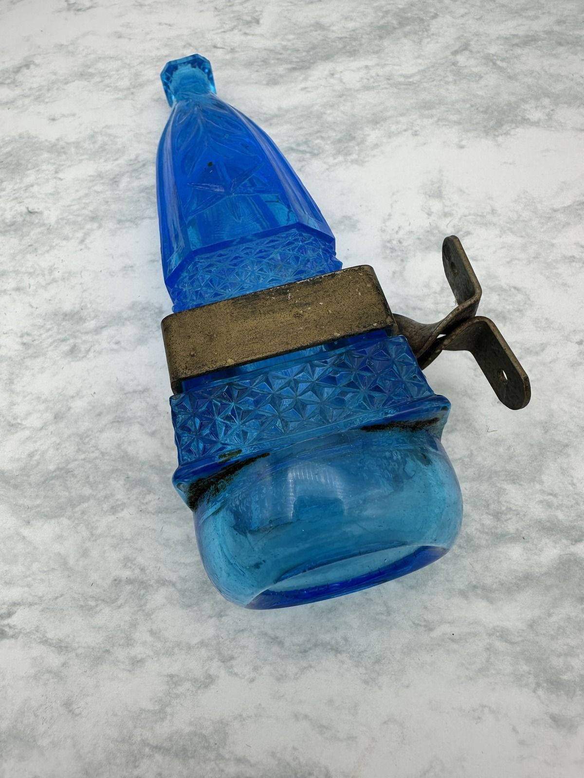 Antique Blue Pressed Glass Seltzer Bottle with Metal Spout 3