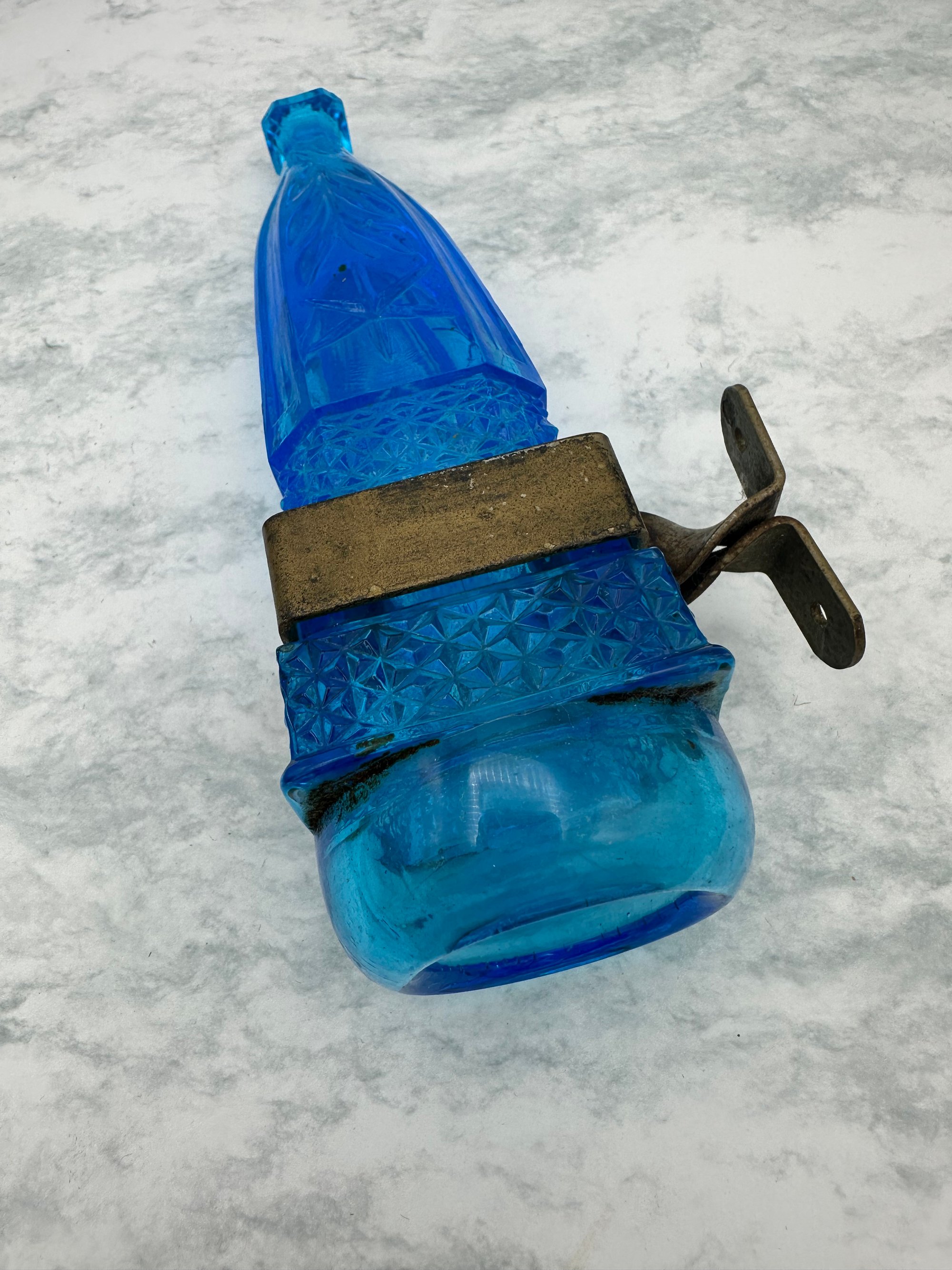 Antique Blue Pressed Glass Seltzer Bottle with Metal Spout 2