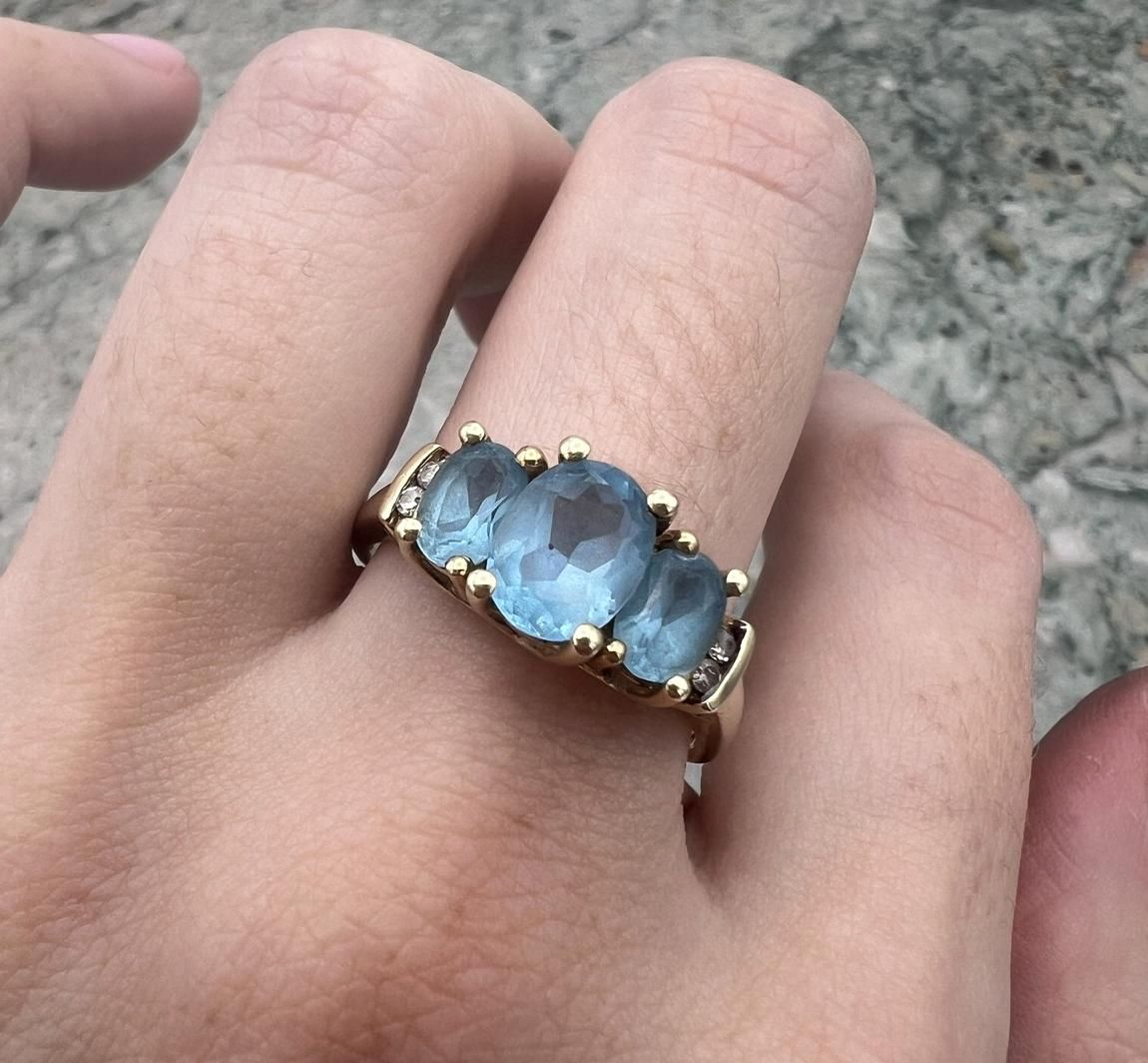 10k Vintage Gold Three-Stone Blue Stone Ring with Diamond Accents 2
