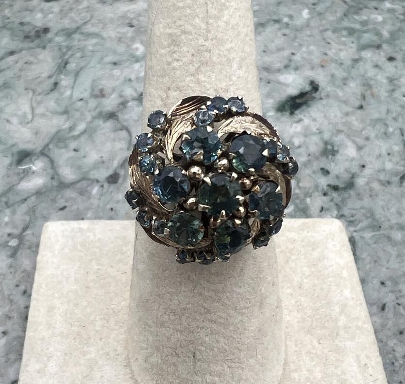 10k Vintage Gold Blue Stone Cluster Cocktail Ring 1960s 3