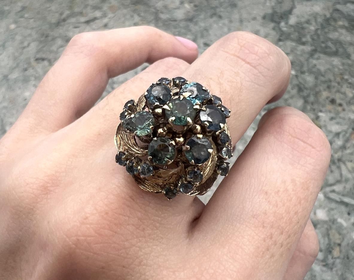 10k Vintage Gold Blue Stone Cluster Cocktail Ring 1960s 2