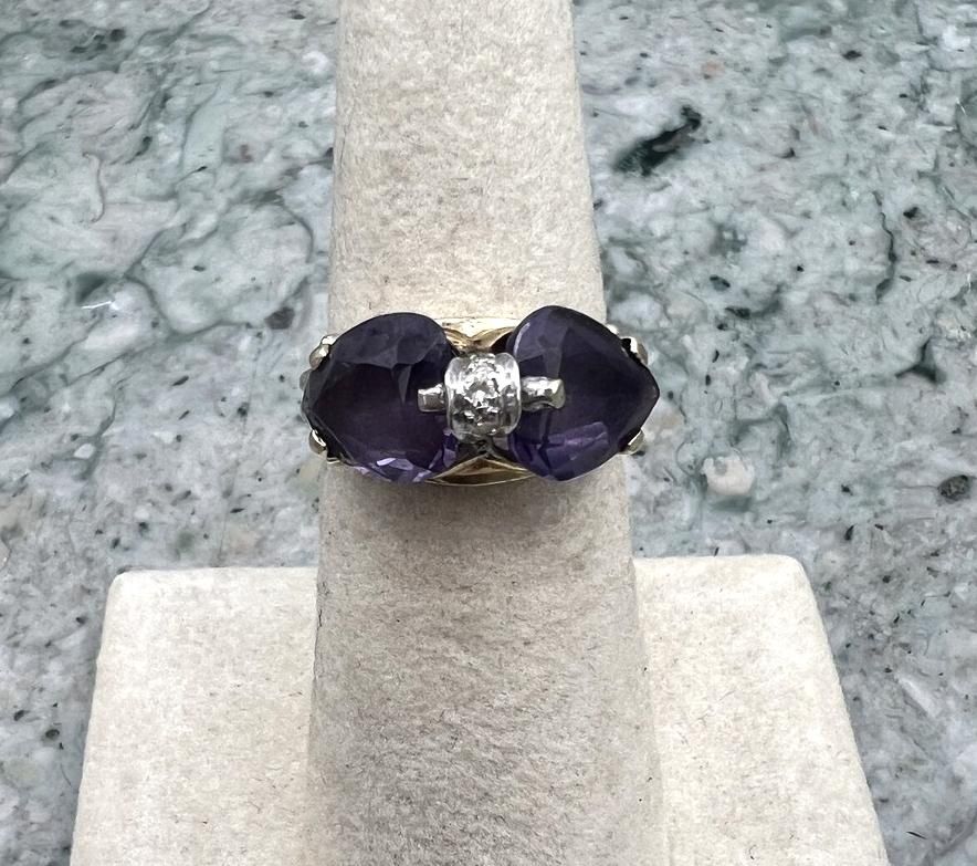 14k Vintage Double Heart Diamond and Purple Store Ring 3