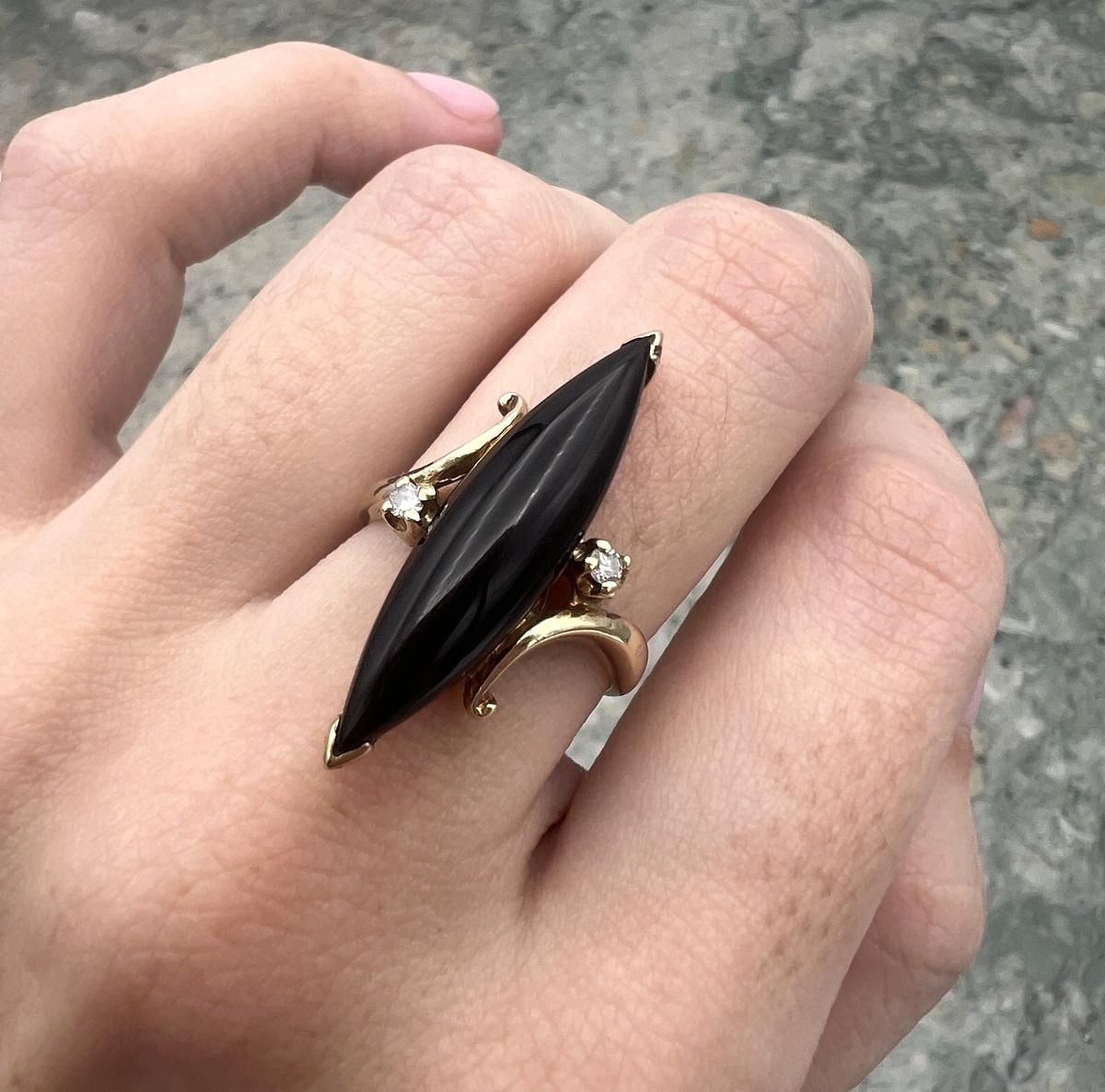 14k Vintage Gold Marquise Black Onyx Diamond Ring 2