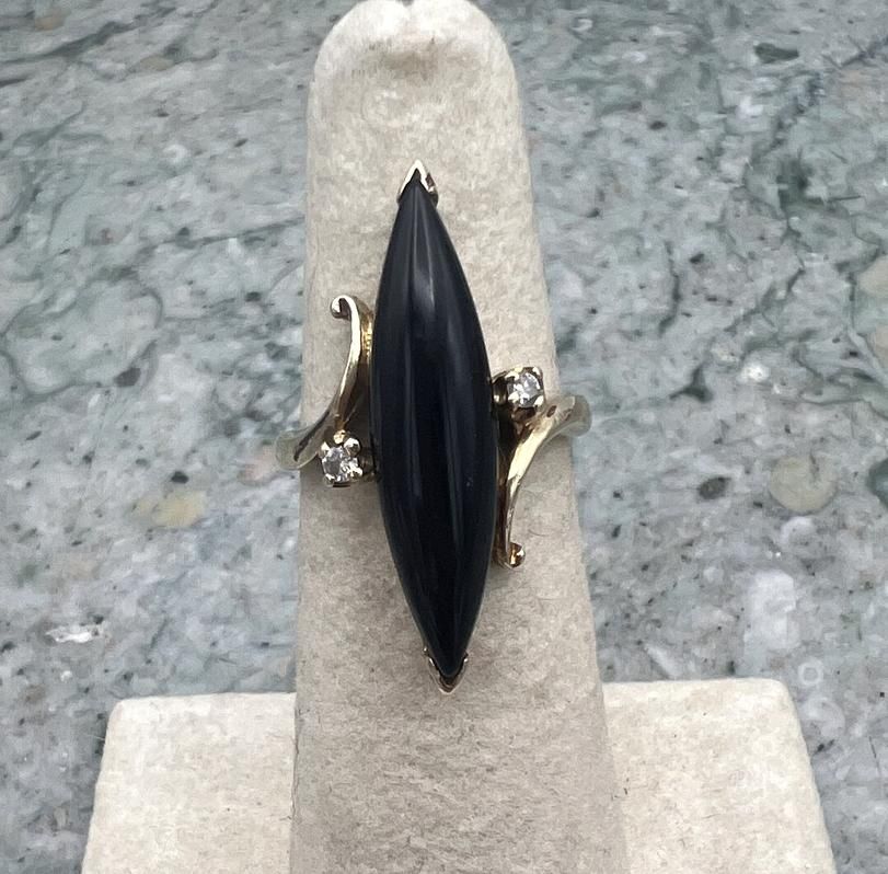 14k Vintage Gold Marquise Black Onyx Diamond Ring 3