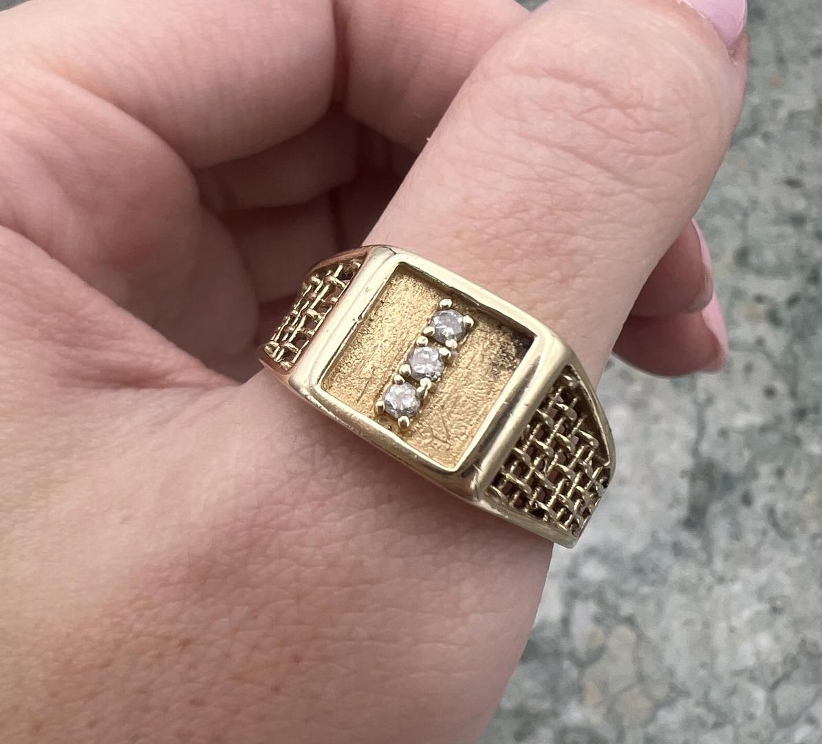 10k Vintage Gold Men's Diamond Ring Mesh Band 1970s 2