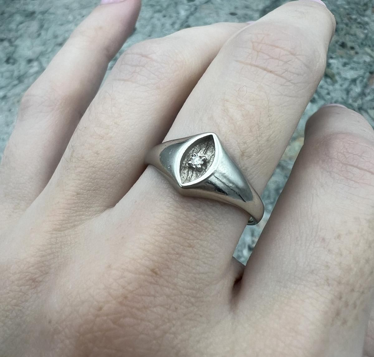 14k Vintage White Gold Marquise Signet Ring with Diamond Accent 2