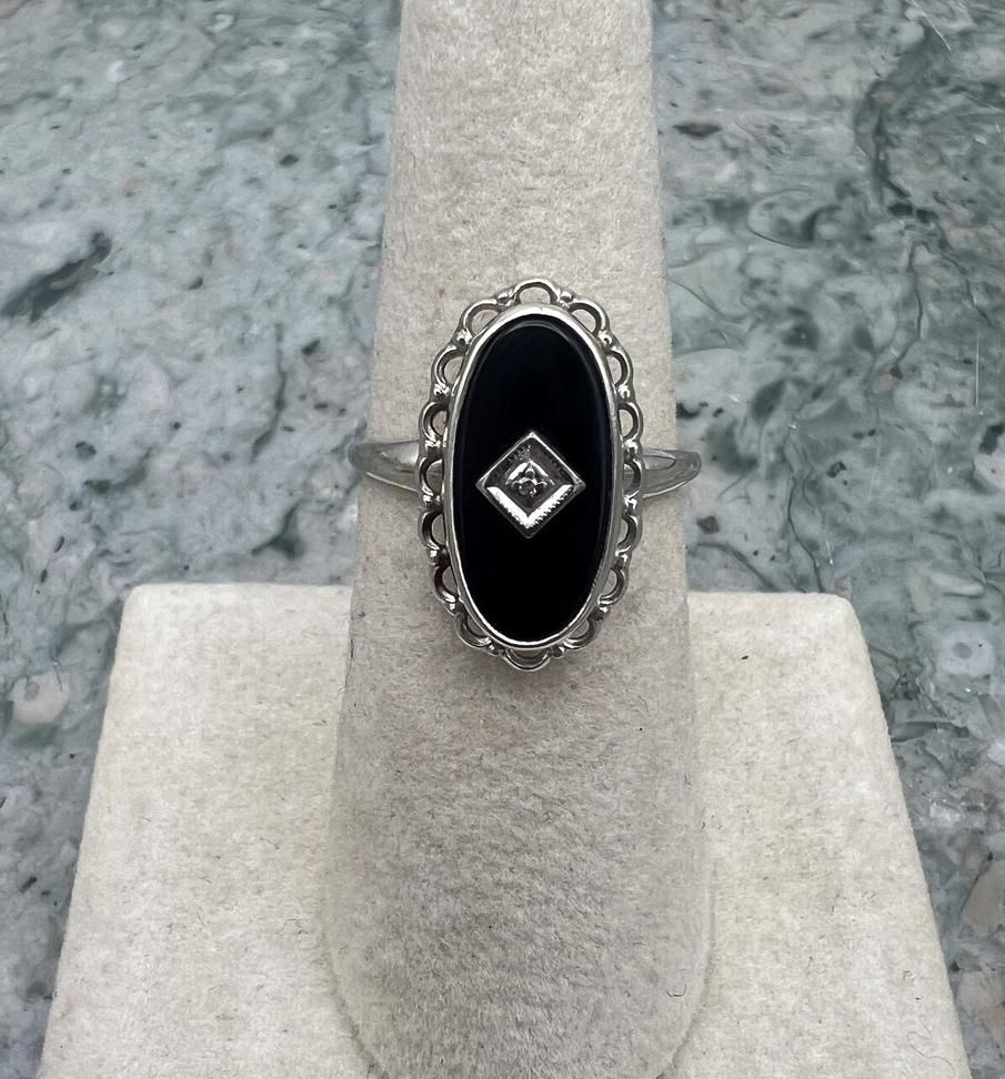 10k Vintage White Gold Black Onyx Diamond Accent Ring Art Deco Style 3