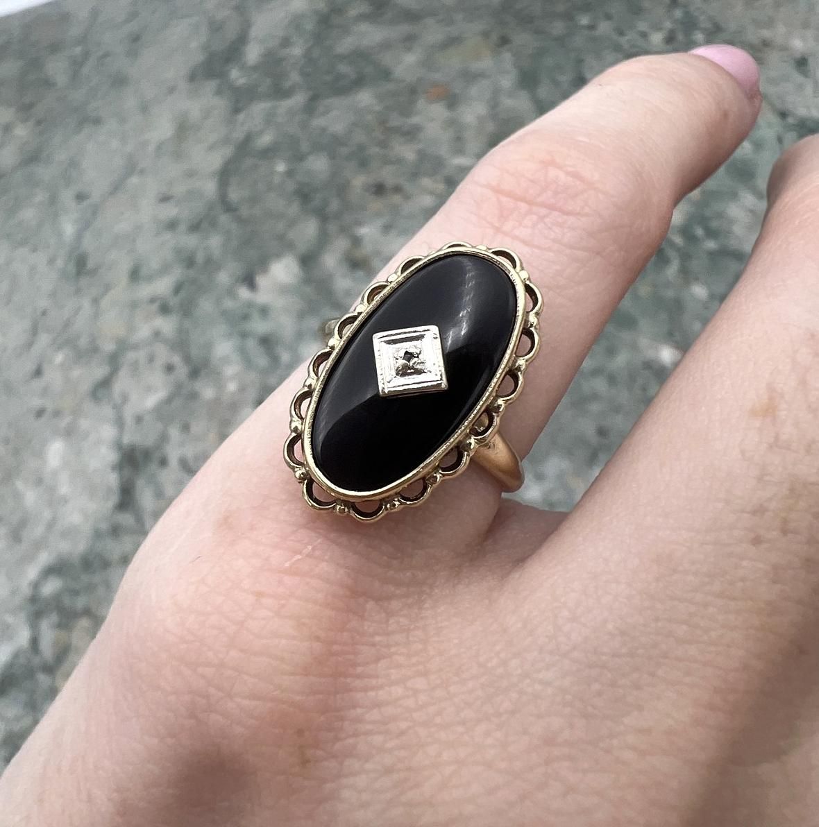 10k Vintage Black Onyx Diamond Ring Gold Setting 1950s 2
