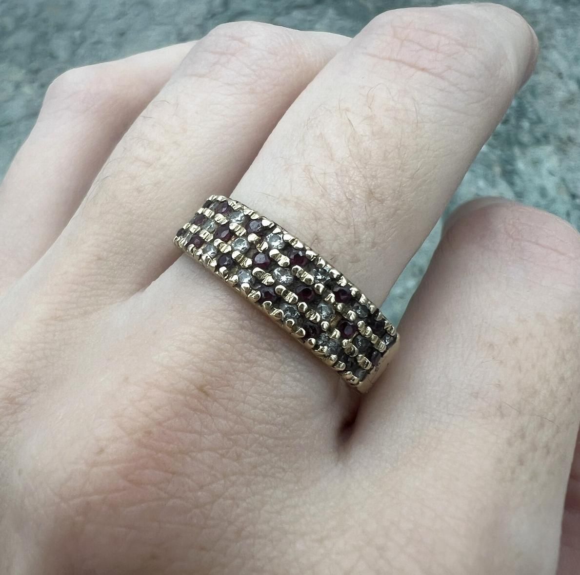 14k Vintage Band Ring with Diamonds and Red Stones 2