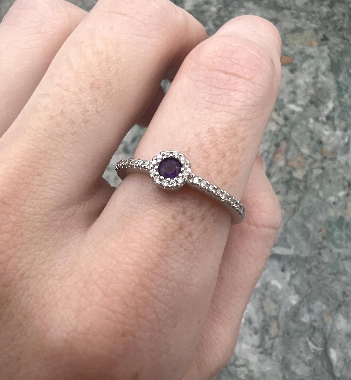 14k White Gold Amethyst Halo Ring with Pavé Band 2