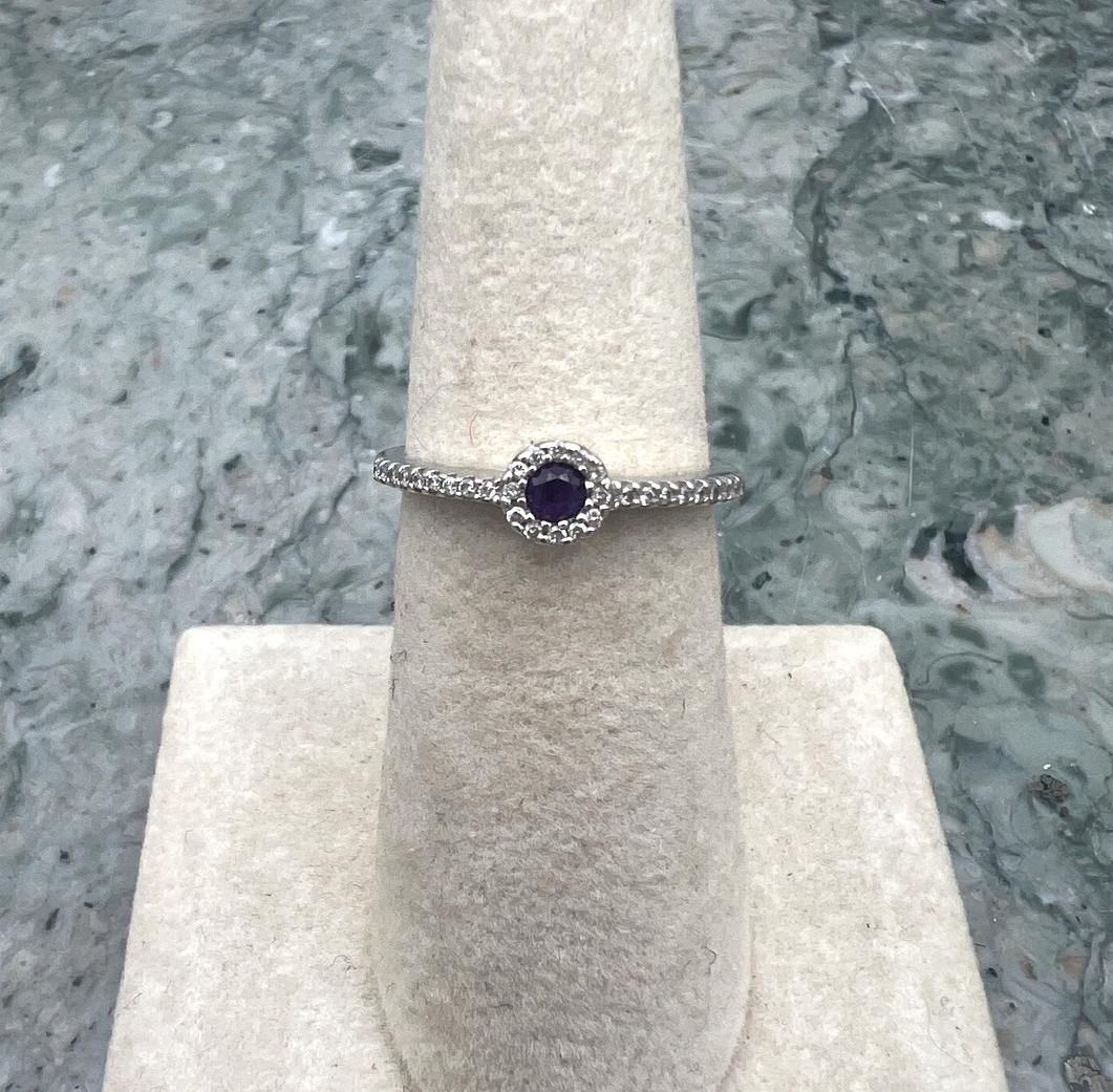 14k White Gold Amethyst Halo Ring with Pavé Band 3