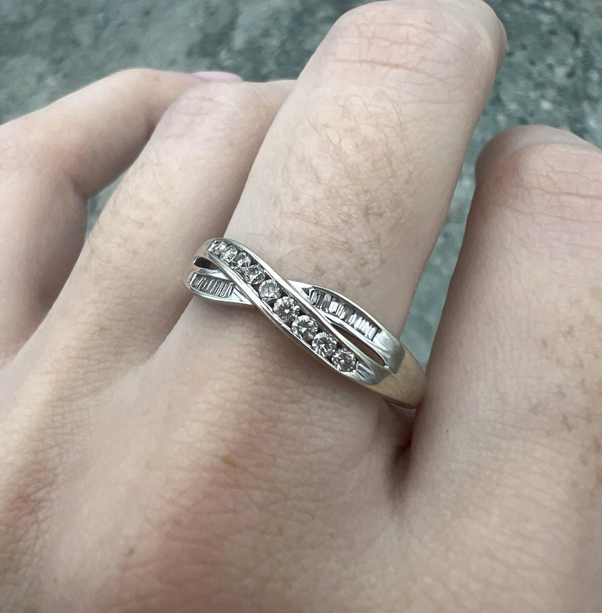 14k White Gold Diamond Crossover Band Ring with Baguettes 2