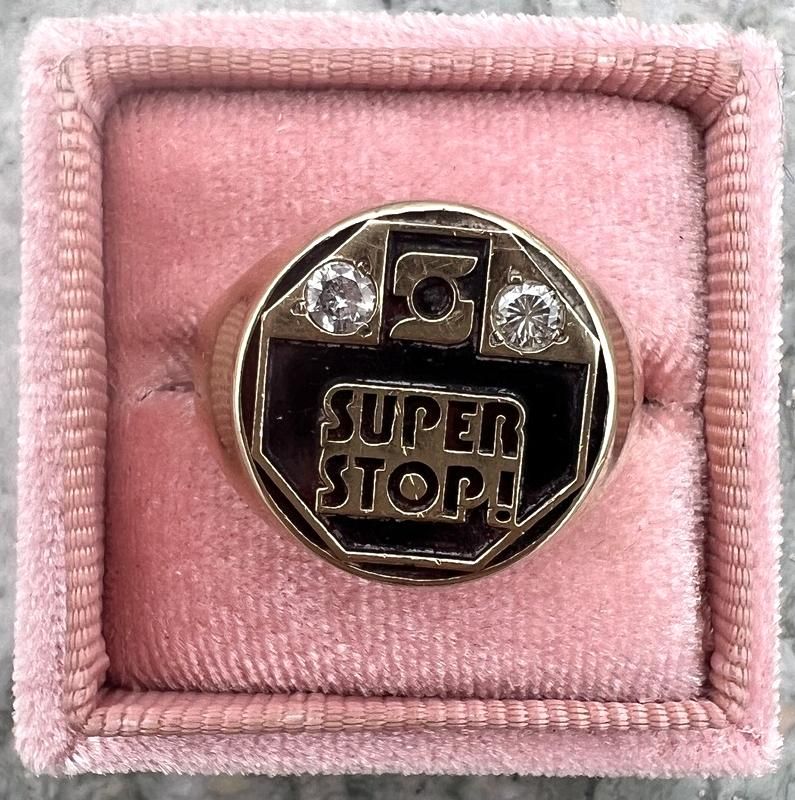 10k Vintage Super Stop Convenience Store Employee Service Ring with Moissanite