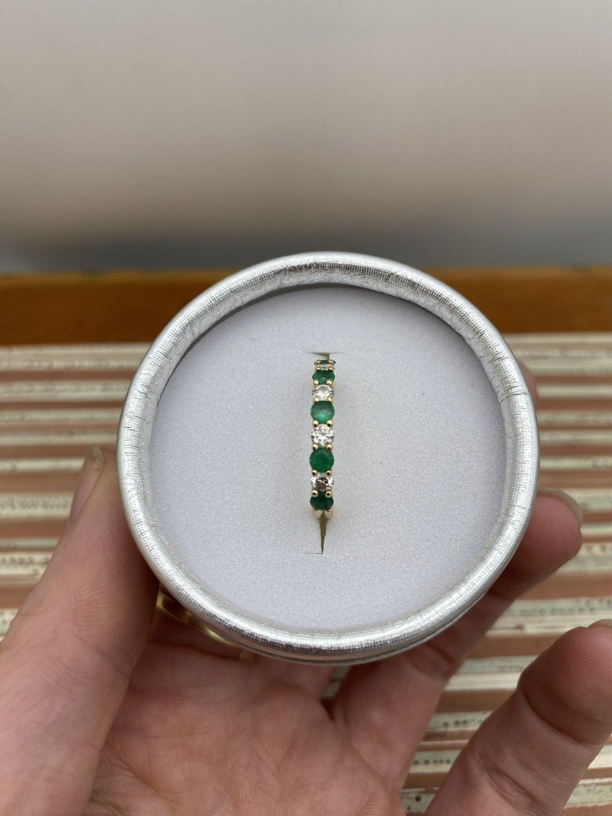 Stunning Modern 14k Gold Emerald Diamond Intermitted Pave Ring Band 6
